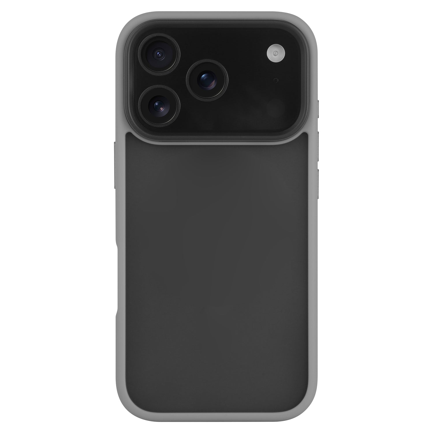 Ein iPhone 17 Pro Max in einem Arktis arktis iPhone 17 Pro Max Solid Case, einer grauen, matten TPU-Silikon-Schutzhülle von Arktis, mit drei rückseitigen Kameralinsen und einem Blitz.