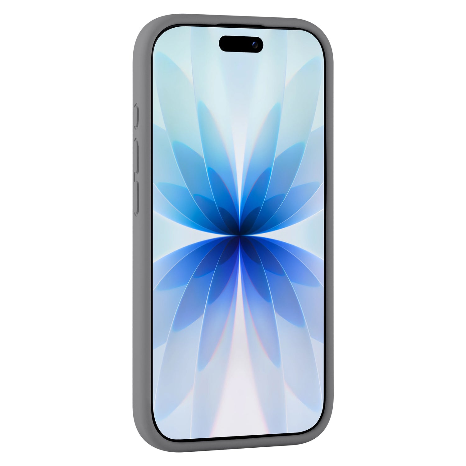 Die arktis iPhone 17 Silikonhülle in Grau schützt Ihr Smartphone, das ein abstraktes Blumenmuster in Blau und Weiß zeigt, und kombiniert Stil mit Unterstützung für kabelloses Laden.