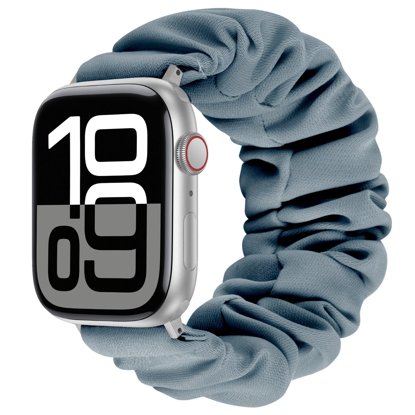 Das arktisband Apple Watch Scrunchie Armband "Elanora" hat ein blaues Stoffband und eine große Digitalanzeige, die 10:09 anzeigt.