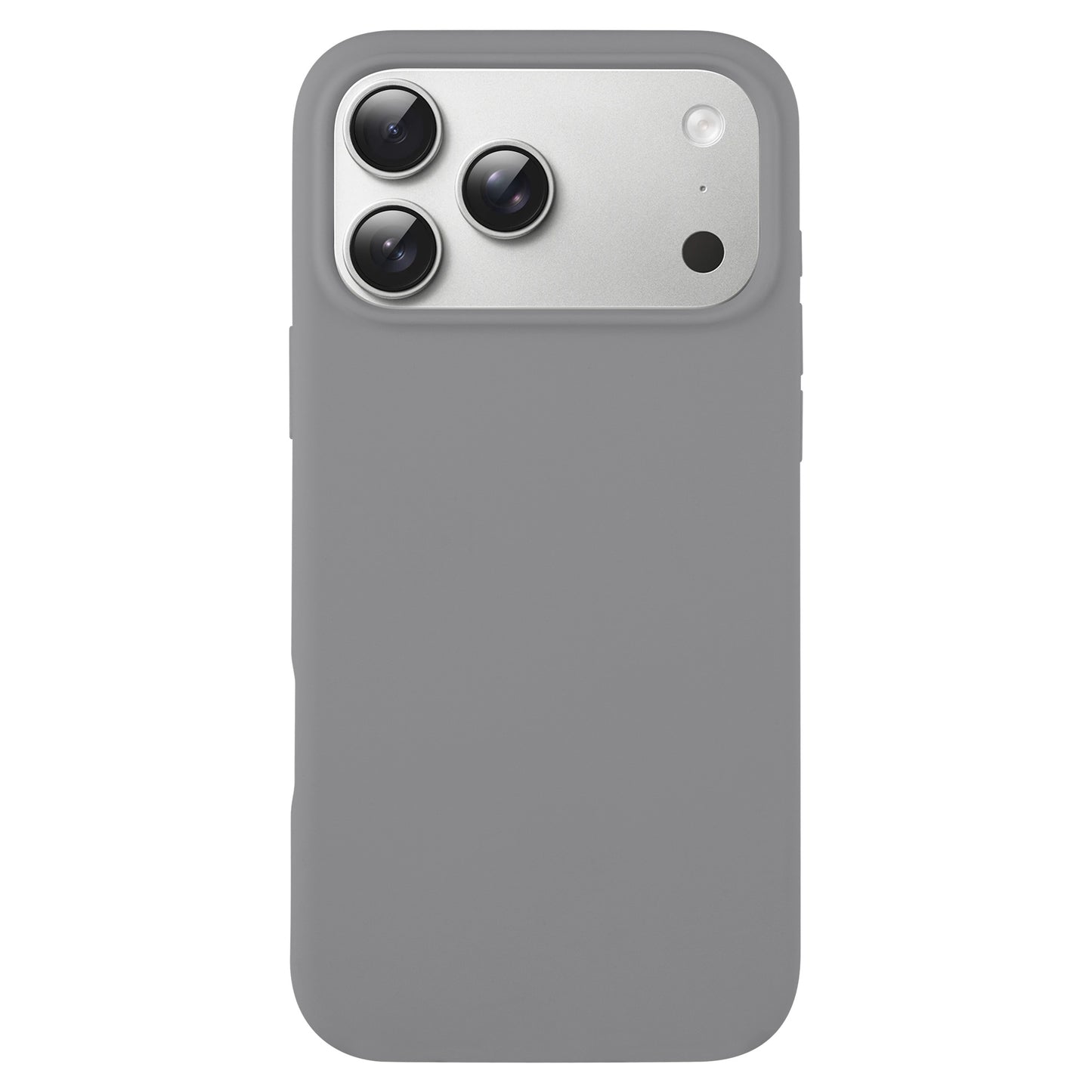 Das arktis iPhone 17 Pro Silikon Case, in grau, bietet einen präzisen Kameraausschnitt für drei Objektive und Blitz, unterstützt kabelloses Laden, und ist perfekt als iPhone 17 Pro Hülle auf einem schlichten weißen Hintergrund.