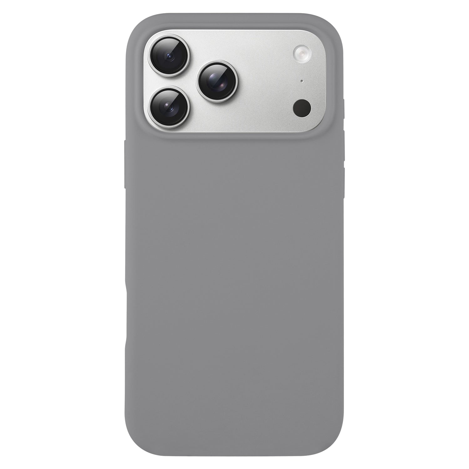 Das arktis iPhone 17 Pro Silikon Case, in grau, bietet einen präzisen Kameraausschnitt für drei Objektive und Blitz, unterstützt kabelloses Laden, und ist perfekt als iPhone 17 Pro Hülle auf einem schlichten weißen Hintergrund.