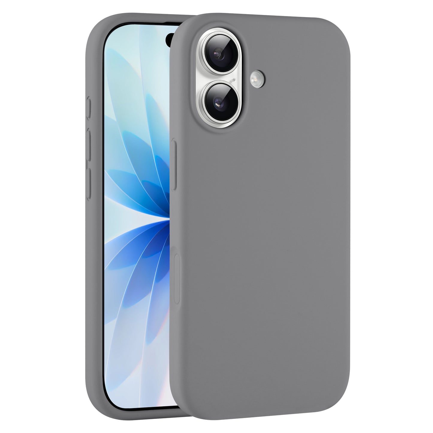 Ein graues Smartphone mit Dual-Kamera und Blumenmustertapete, geschützt durch das arktis iPhone 17 Silikon Case von arktis, das kabelloses Laden für Komfort unterstützt.