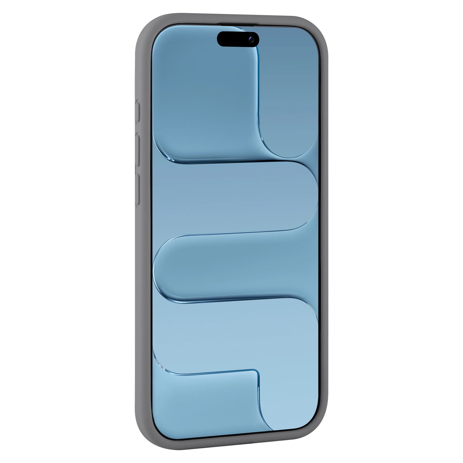 Ein iPhone mit einer arktis iPhone Air Silikonhülle in Grau, mit einem blauen abstrakten Design auf dem Display; kompatibel mit kabelloses Laden.