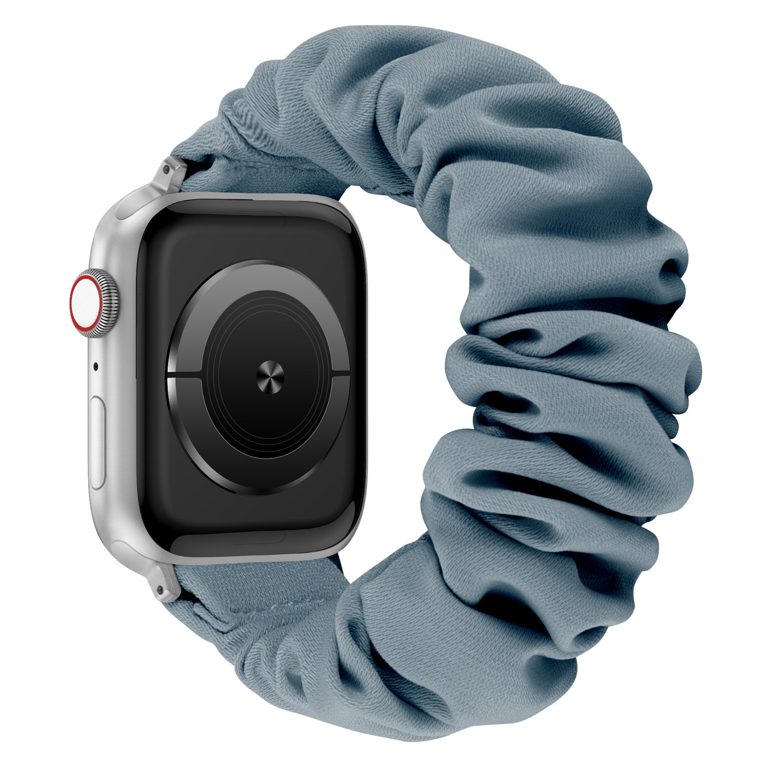 Das arktisband Apple Watch Armband "Elanora" hat ein silbernes Gehäuse und ein blaues, elastisches Stoffband im Scrunchie-Stil von arktisband.