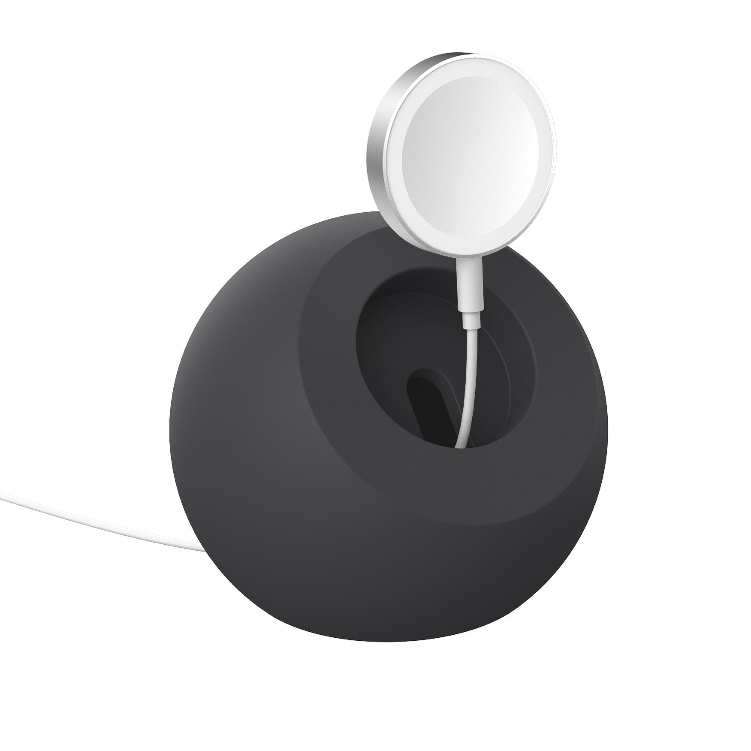 Der arktis Apple Watch Orbit Stand ist ein runder, schwarzer Halter, der das Ladegerät und das Kabel Ihrer Apple Watch sicher aufbewahrt - perfekt als elegantes Accessoire für den Schreibtisch oder Nachttisch von arktis.