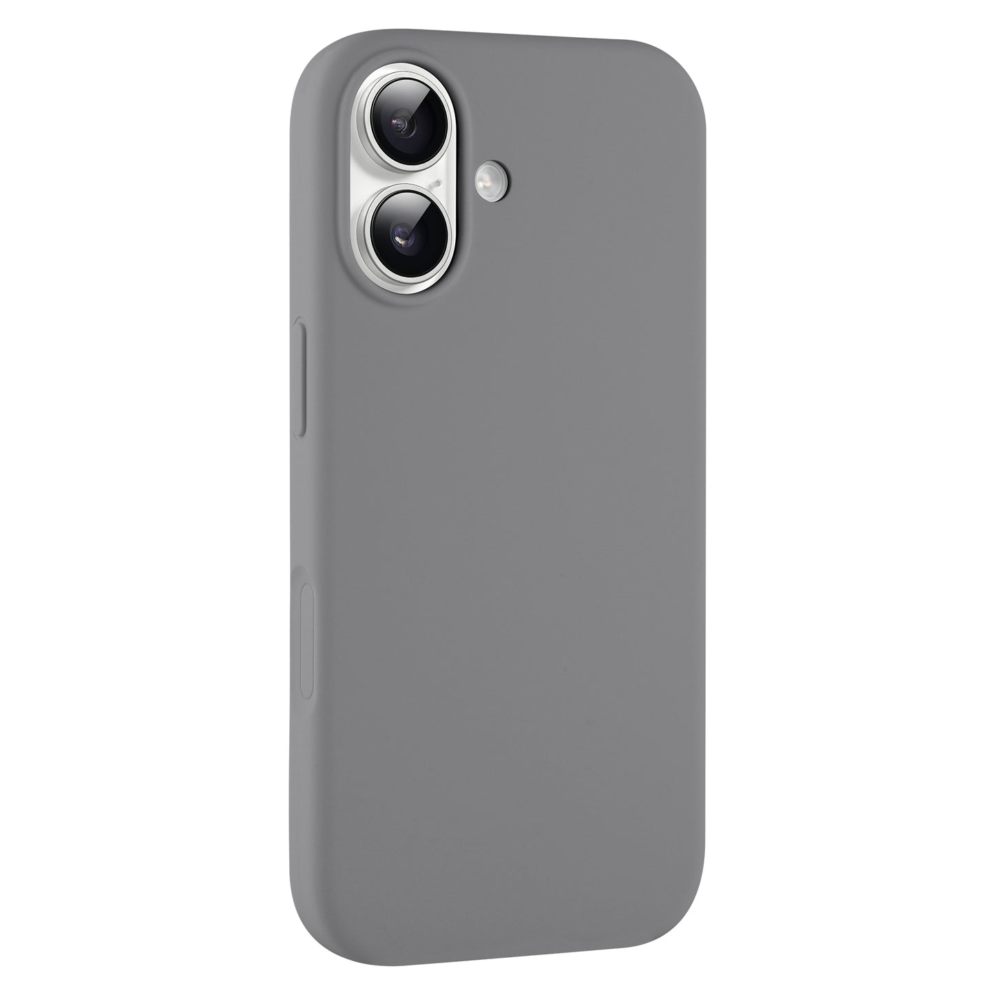 Das arktis iPhone 17 Silikon Case von arktis ist grau, verfügt über zwei Kamera- und Blitzausschnitte, unterstützt kabelloses Aufladen und ist von der Rückseite aus gesehen schräg dargestellt.