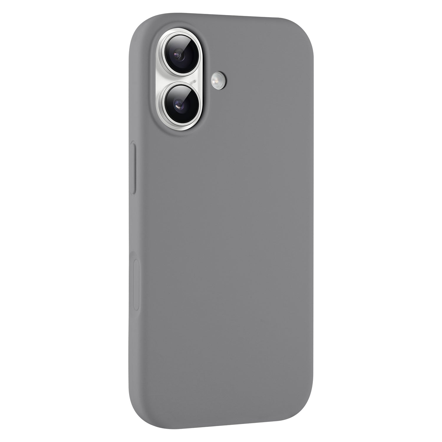 Das arktis iPhone 17 Silikon Case von arktis ist grau, verfügt über zwei Kamera- und Blitzausschnitte, unterstützt kabelloses Aufladen und ist von der Rückseite aus gesehen schräg dargestellt.