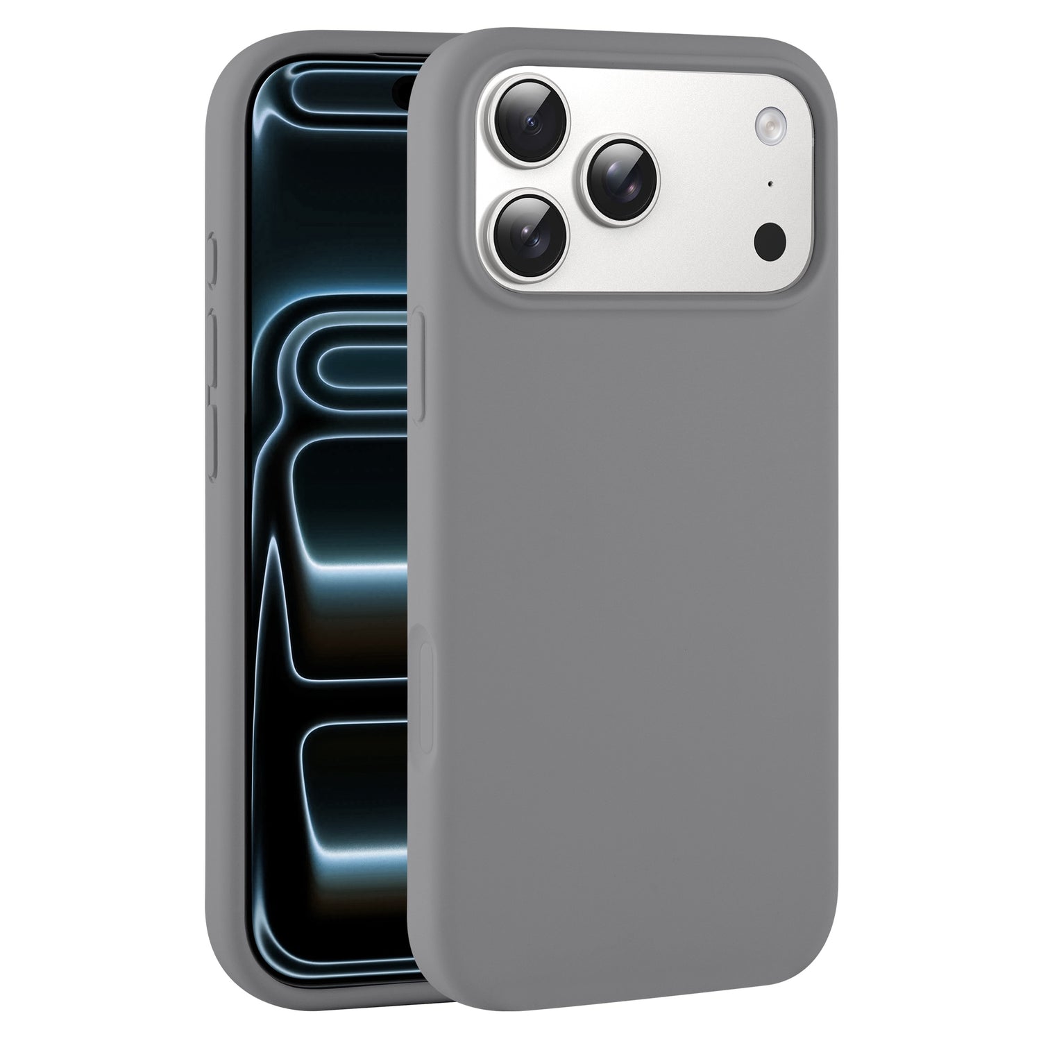 Das arktis iPhone 17 Pro Silikon Case in grau schützt Ihr Telefon mit drei rückwärtigen Kameras, unterstützt kabelloses Laden und ergänzt sein modernes Bildschirmdesign.