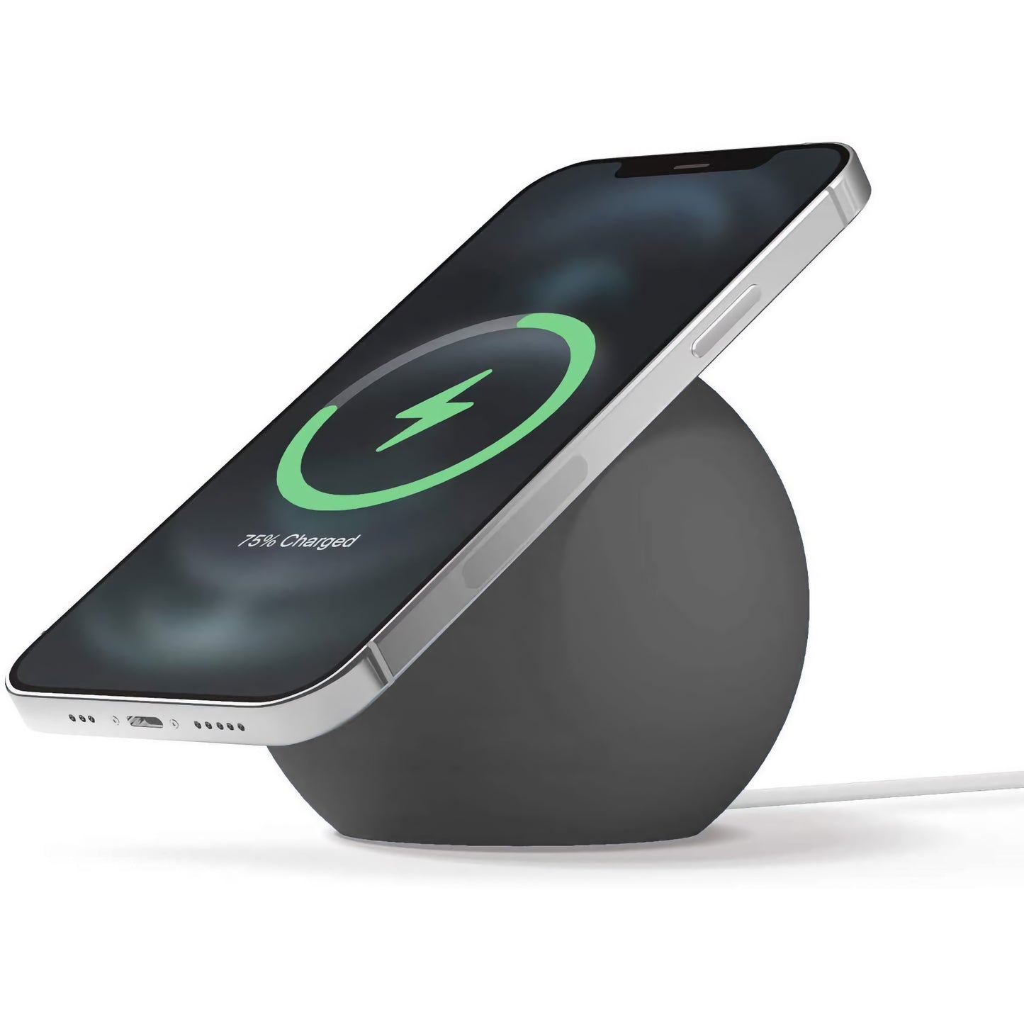 Ein arktis-Smartphone wird kabellos auf dem runden schwarzen arktis MagSafe Orbit Stand aufgeladen. Der Ladezustand beträgt 75%.