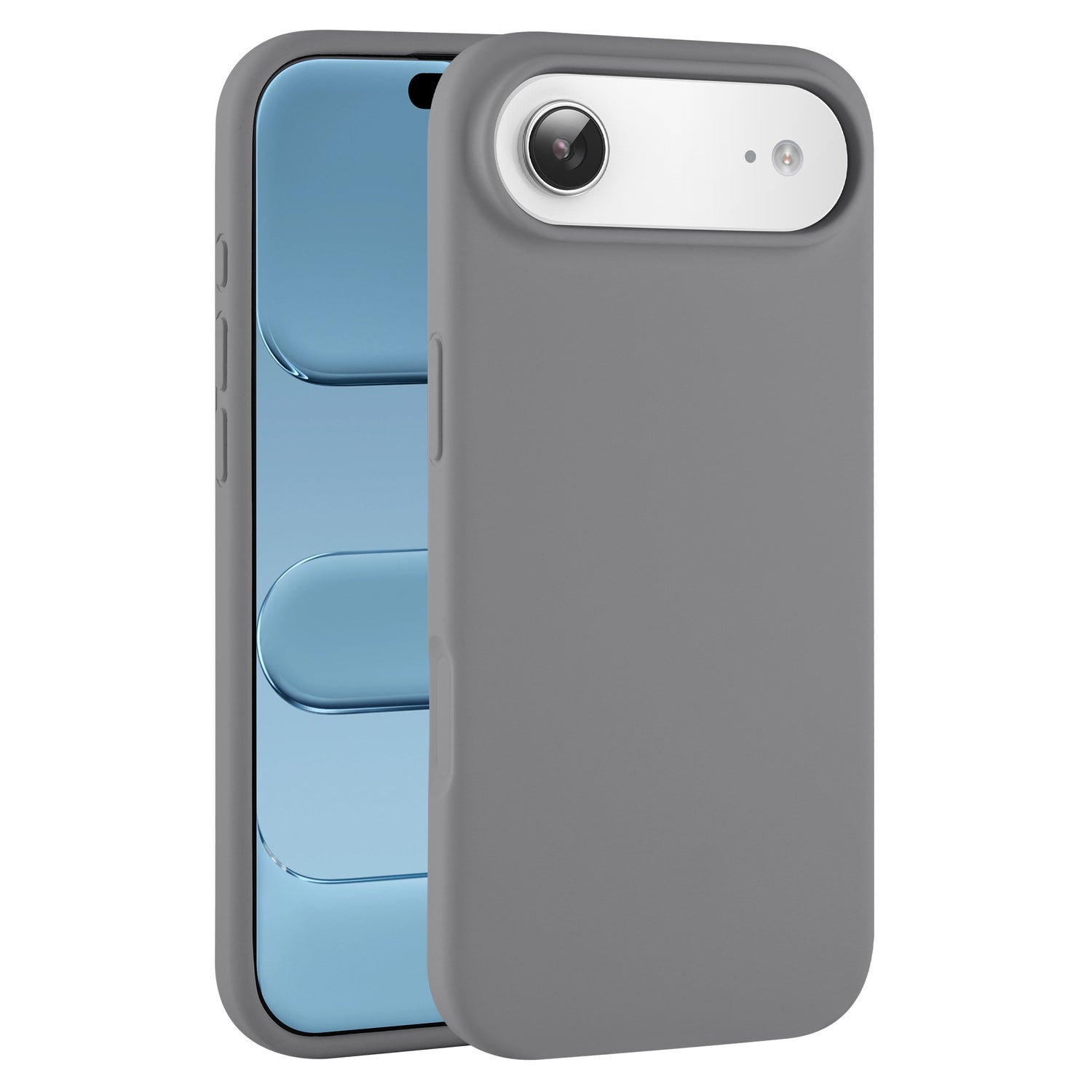 Das arktis iPhone Air Silikon Case von arktis ist in glattem Grau gehalten und zeigt ein Smartphone mit blauem Bildschirm von vorne und hinten. Perfekt für kabelloses Laden.