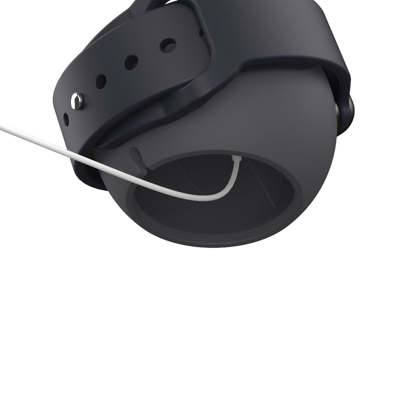 Eine Nahaufnahme eines dunklen Armbands, das an einem grauen, kugelförmigen arktis Apple Watch Orbit Stand von arktis befestigt ist, mit einem weißen Kabel in der Nähe, auf weißem Hintergrund.