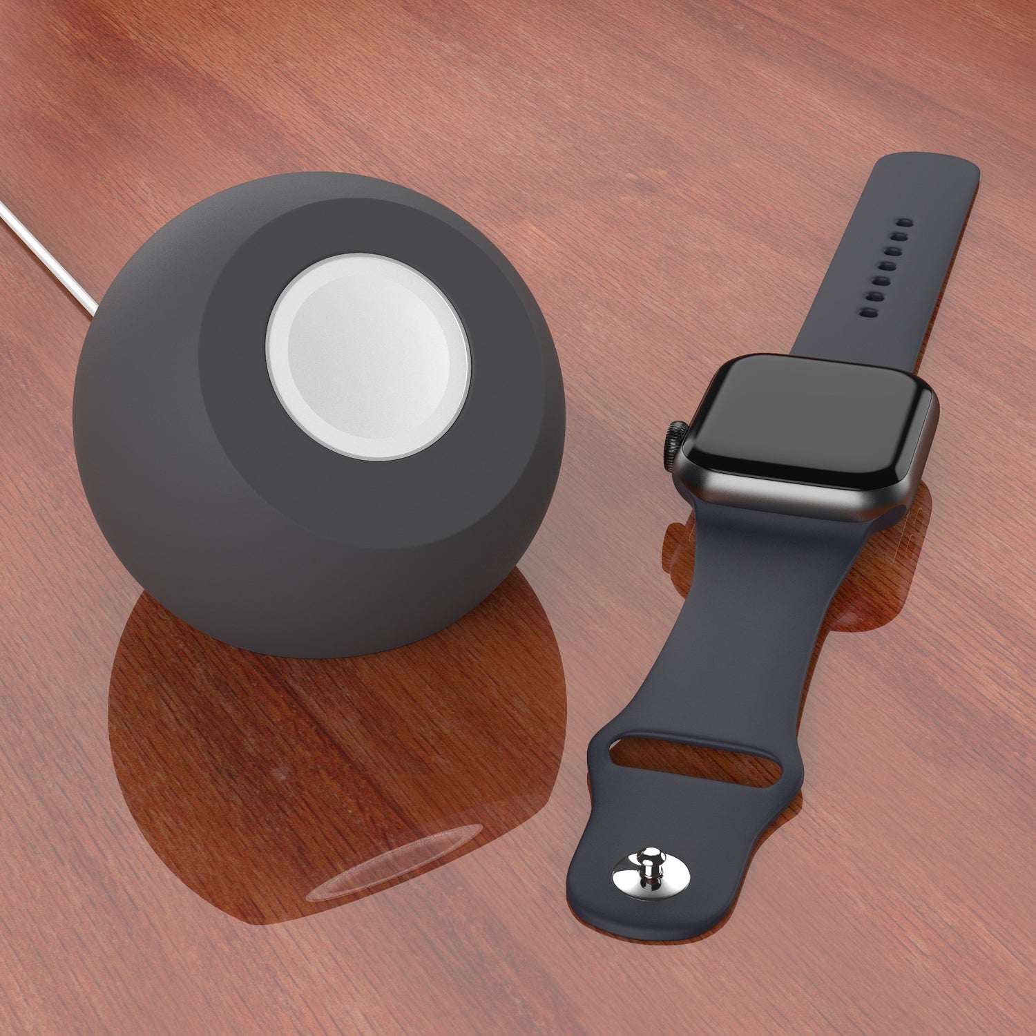 Der arktis Apple Watch Orbit Stand, eine elegante schwarze Ladestation von arktis, hält eine Smartwatch elegant auf einer Holzoberfläche - ideal als Apple Watch Ständer oder Silikon Ladegerät Halter.
