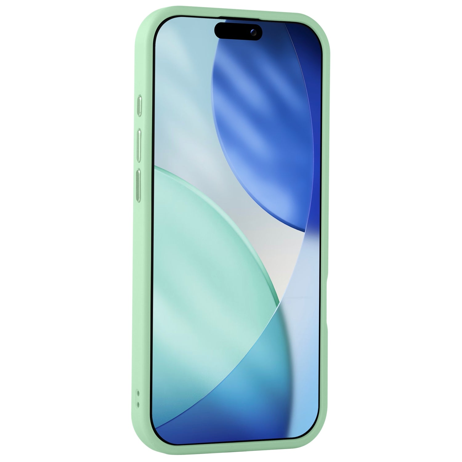 Ein Arktis arktis iPhone Air Solid Case in grün-matt, abgebildet auf einem Smartphone mit einem blau-weißen abstrakten Hintergrundbild.