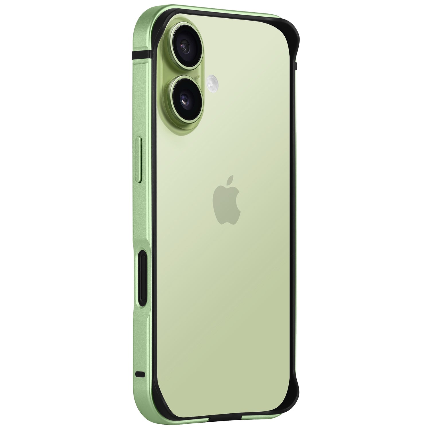 Der arktis iPhone 17 Bumper von arktis, hier in grün mit Dual-Kamera und klarer Aluminium-TPU-Hülle, wird von hinten und von der Seite gezeigt.