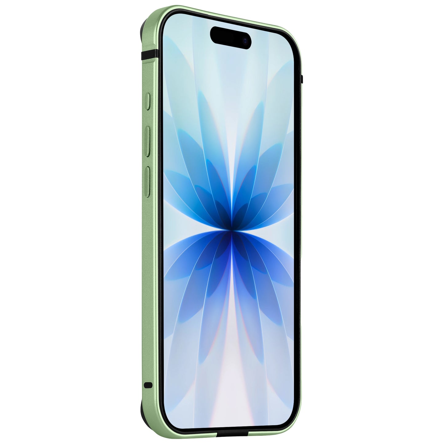 Ein grünes arktis iPhone 17 mit blauem, blumenartigem Bildschirmmuster zeigt sich in der schrägen Seitenansicht, geschützt durch das stylische arktis iPhone 17 Bumper Aluminium TPU Case für verbesserten Displayschutz.