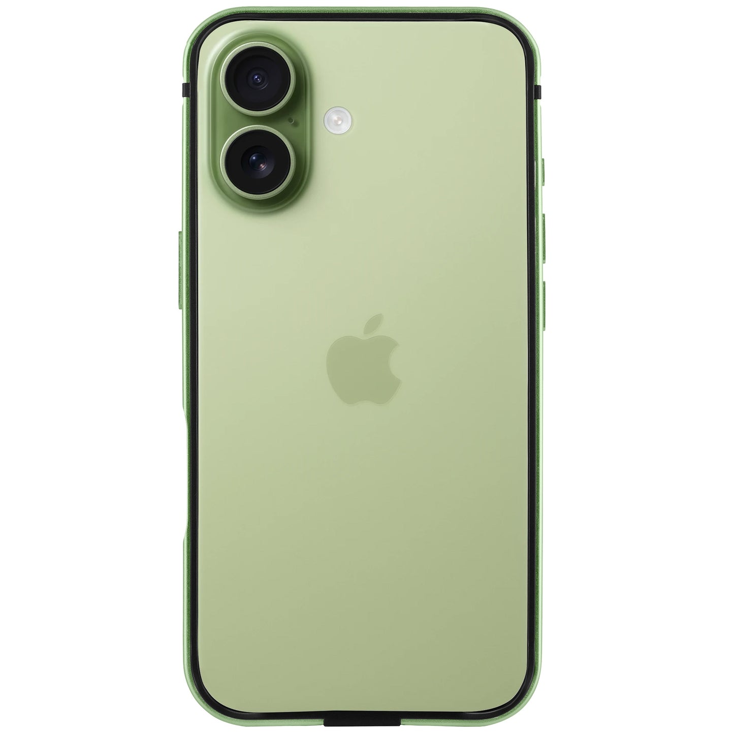 Ein grünes iPhone 17 von hinten gesehen mit Dual-Kameras und Apple-Logo, geschützt durch den arktis iPhone 17 Bumper für verbesserte Haltbarkeit.