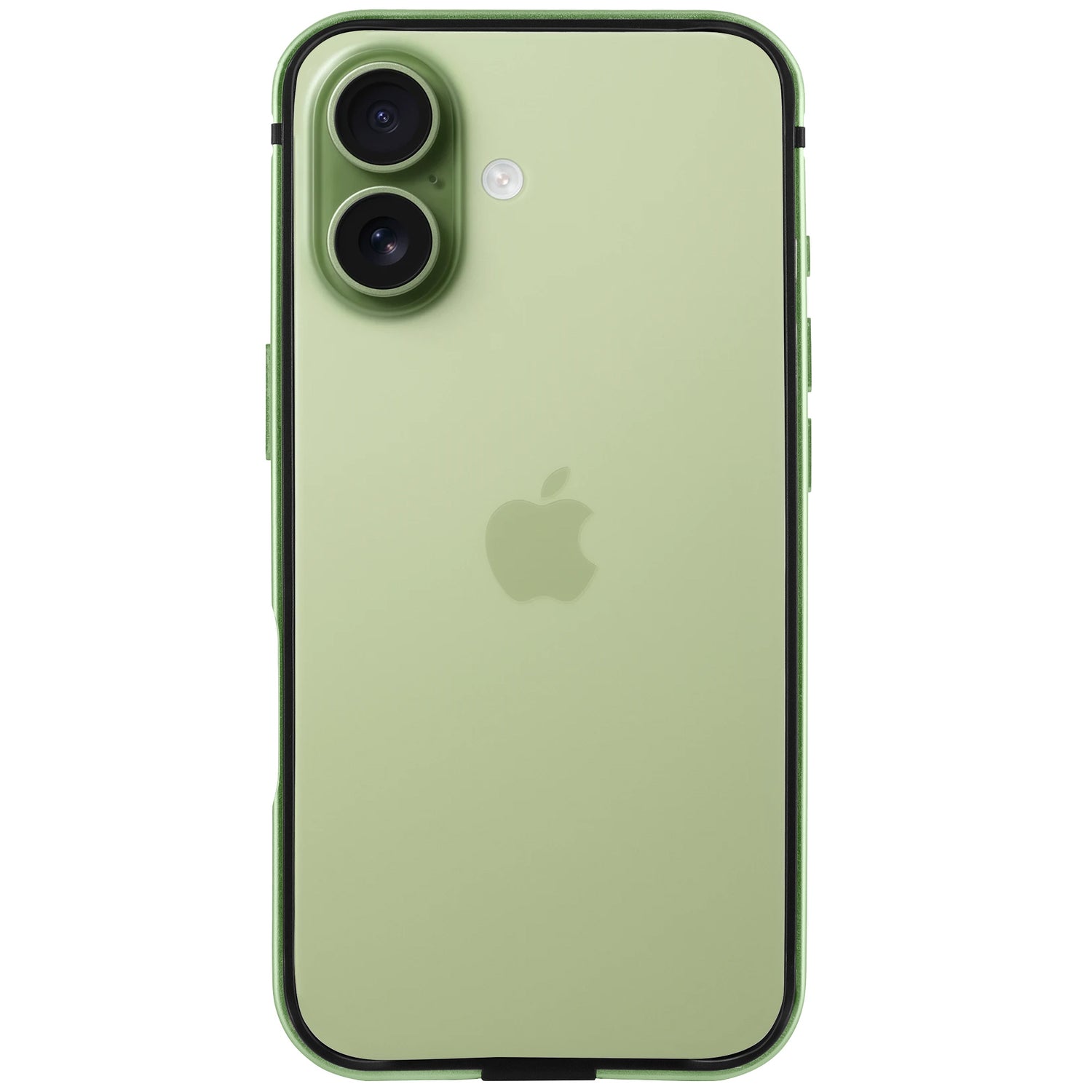 Ein grünes iPhone 17 von hinten gesehen mit Dual-Kameras und Apple-Logo, geschützt durch den arktis iPhone 17 Bumper für verbesserte Haltbarkeit.