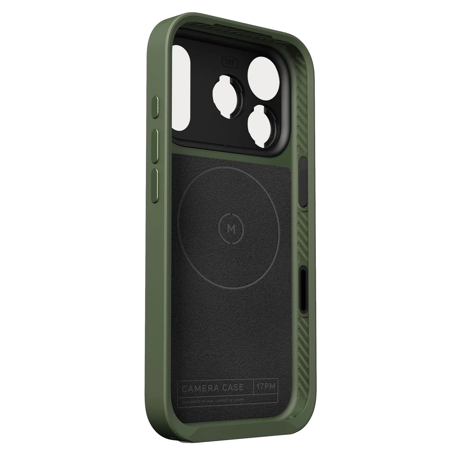 Die robuste grün-schwarze MOMENT iPhone 17 Pro Kameratasche MagSafe bietet höchsten Gerätsschutz und präzise Kameraausschnitte für verbesserte Kamerafunktionen, mit einem internen MagSafe-Ring für die sichere Befestigung von Zubehör.