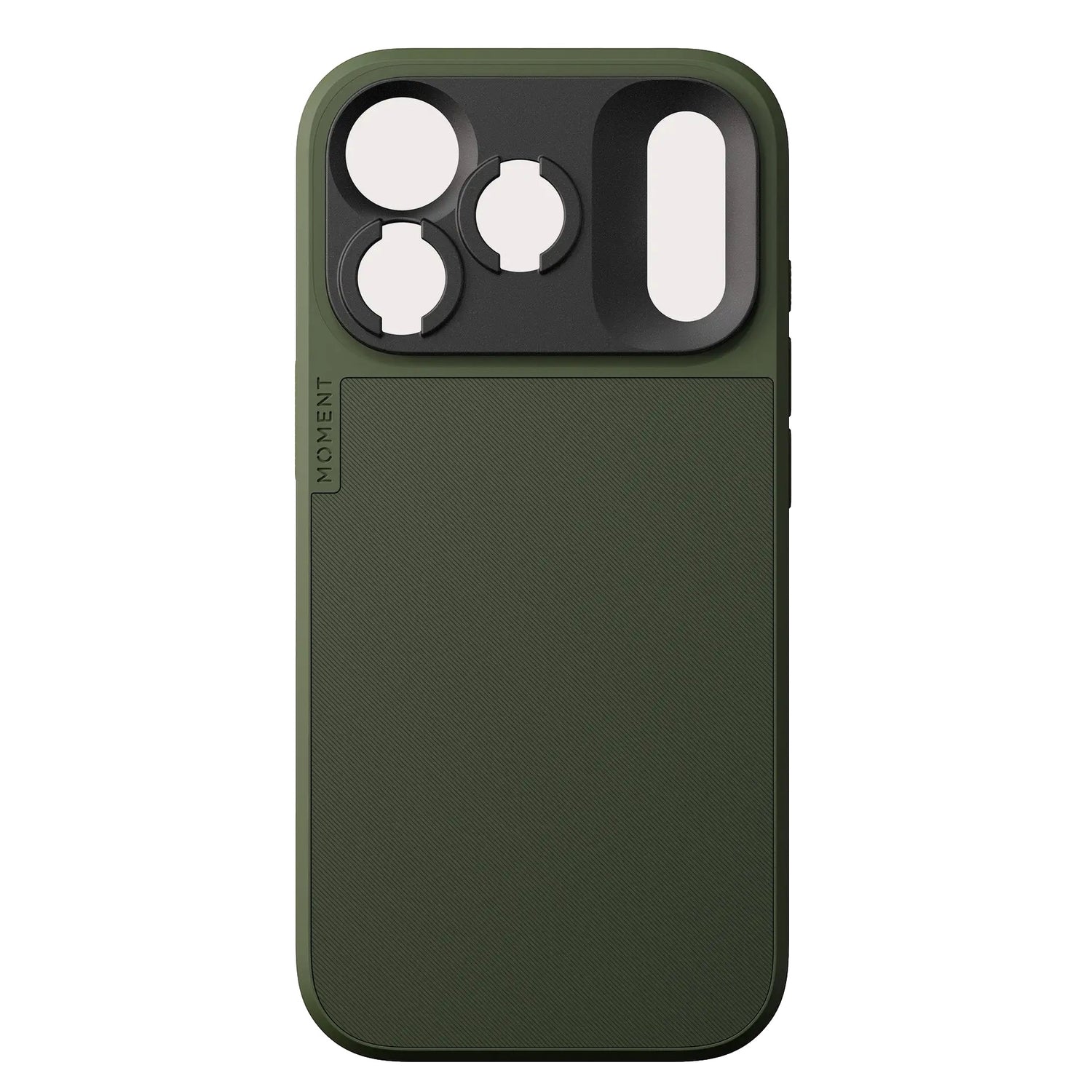 Die MOMENT iPhone 17 Pro Kameratasche MagSafe in Dunkelgrün verfügt über große Kameraausschnitte und einen Bereich zur Befestigung des Objektivs oben links, kompatibel mit Moment MagSafe Zubehör.