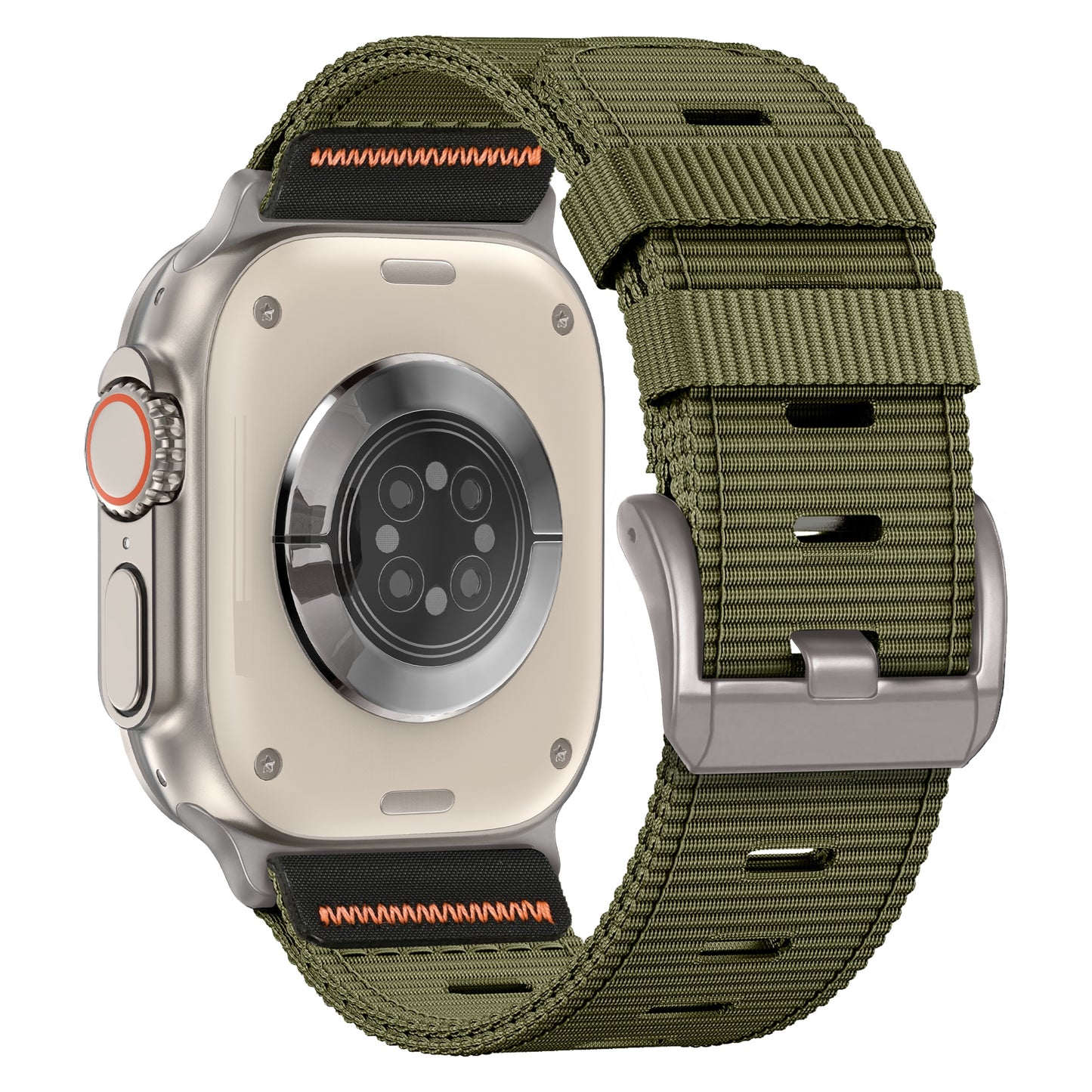 Das arktisband Apple Watch Armband "Terra" hat ein grünes Nylonband und ein silbernes Gehäuse, hier von hinten.