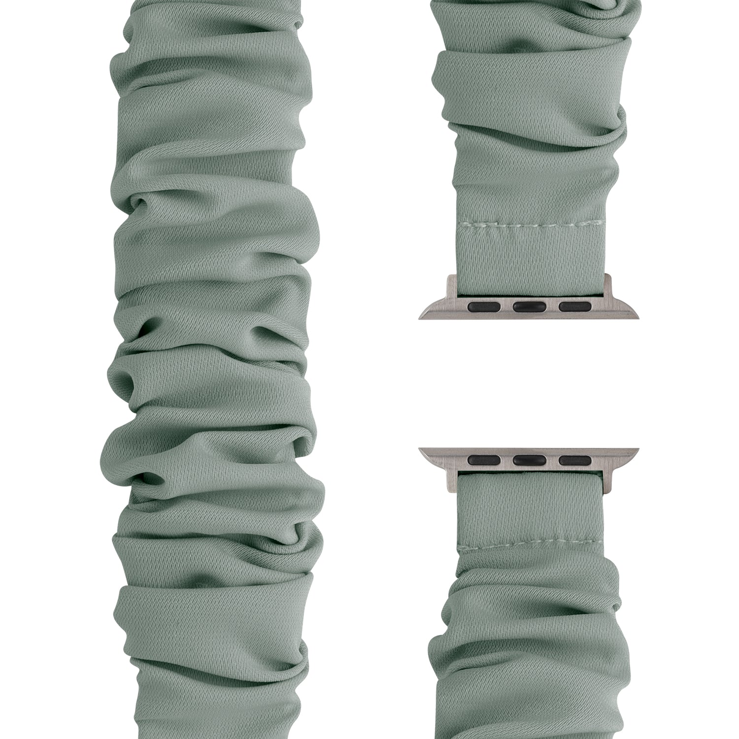 Das arktisband Apple Watch Armband "Elanora" in Salbeigrün zeichnet sich durch ein Scrunchie-ähnliches Design, dehnbares Nylonmaterial und Metallanschlüsse aus, die aus verschiedenen Blickwinkeln auf weißem Hintergrund gezeigt werden.