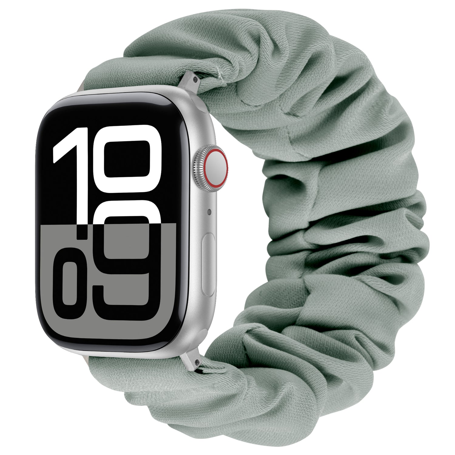 Das arktisband Apple Watch Armband "Elanora" verfügt über ein großes digitales Display und ein hellgrünes Band aus dehnbarem Nylon im Scrunchie-Stil - perfekt für Ihre Apple Watch.