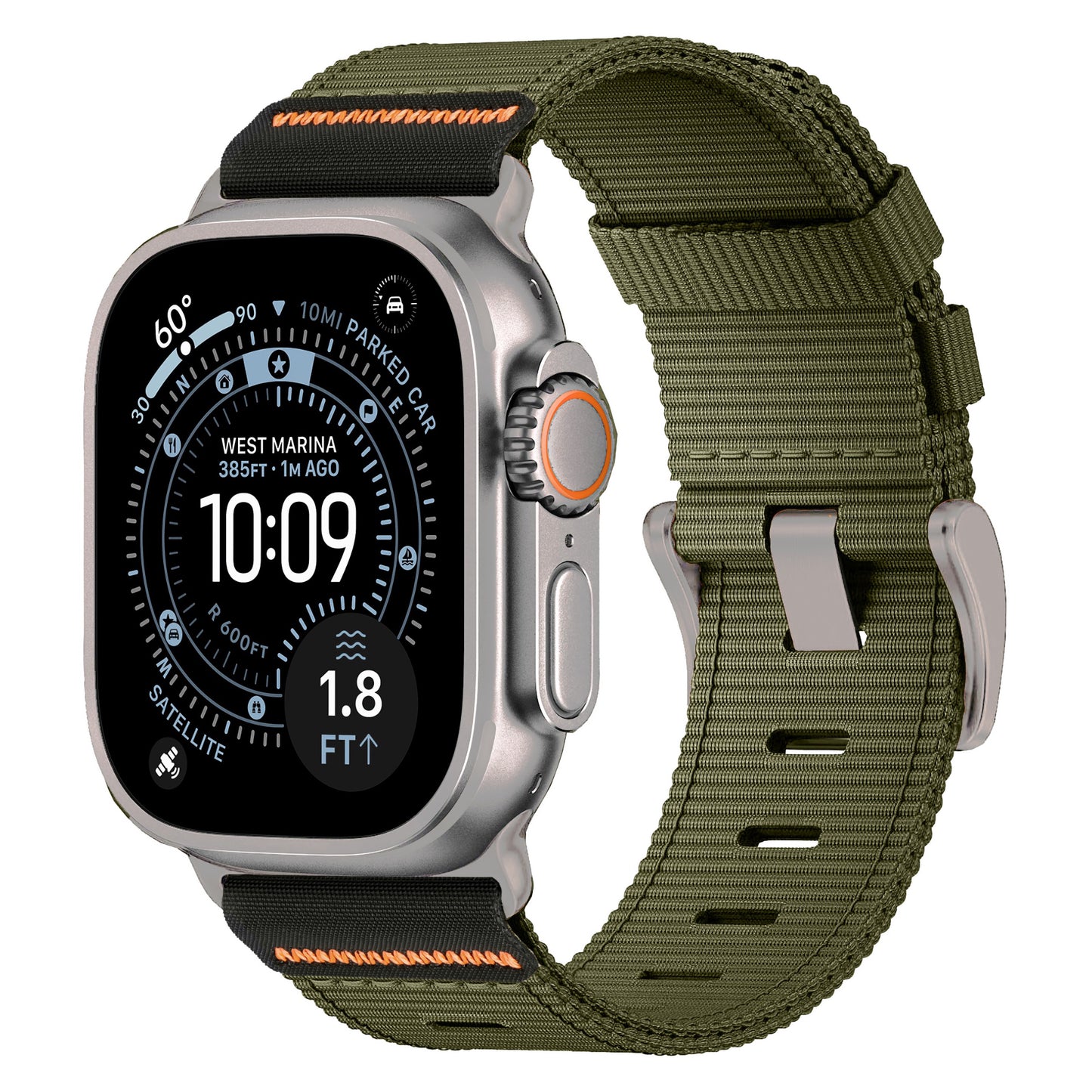 Das arktisband Apple Watch Armband "Terra" von arktisband, in grünem 24 mm Nylon, wird auf einer Apple Watch Ultra mit Navigations- und Höhendaten angezeigt.