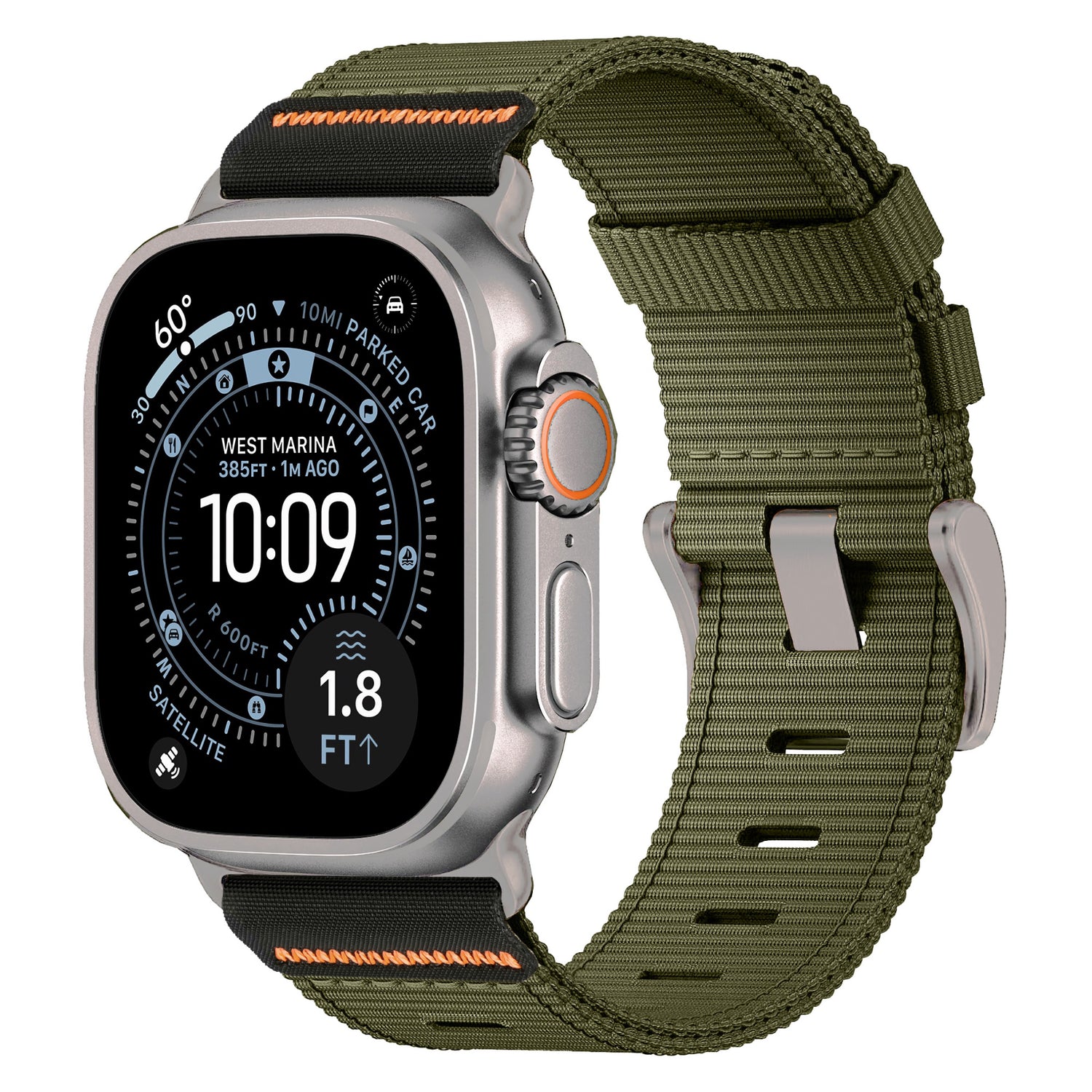 Das arktisband Apple Watch Armband "Terra" von arktisband, in grünem 24 mm Nylon, wird auf einer Apple Watch Ultra mit Navigations- und Höhendaten angezeigt.
