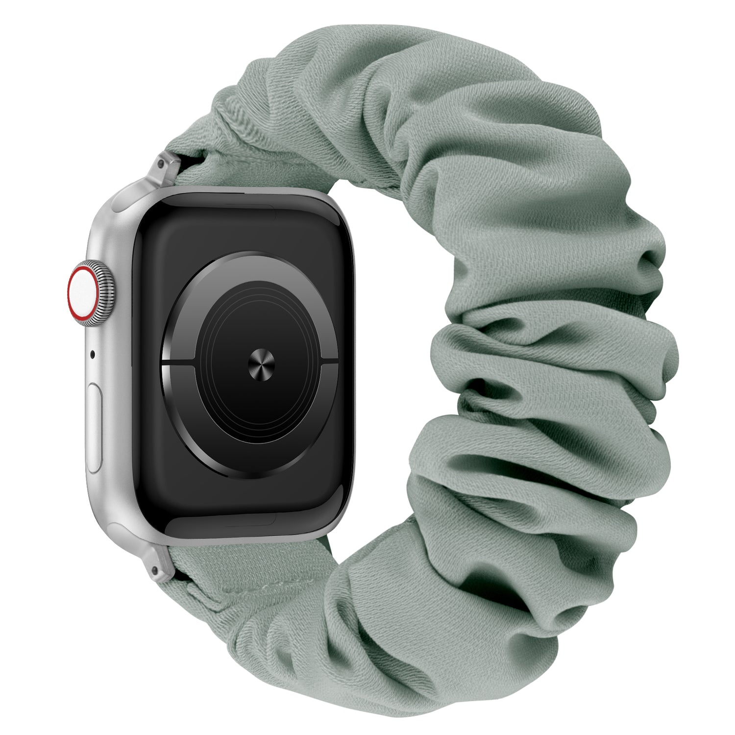 Das arktisband Apple Watch Armband "Elanora" von arktisband in salbeigrünem dehnbarem Nylon ist als Haargummi-Band auf weißem Hintergrund abgebildet.