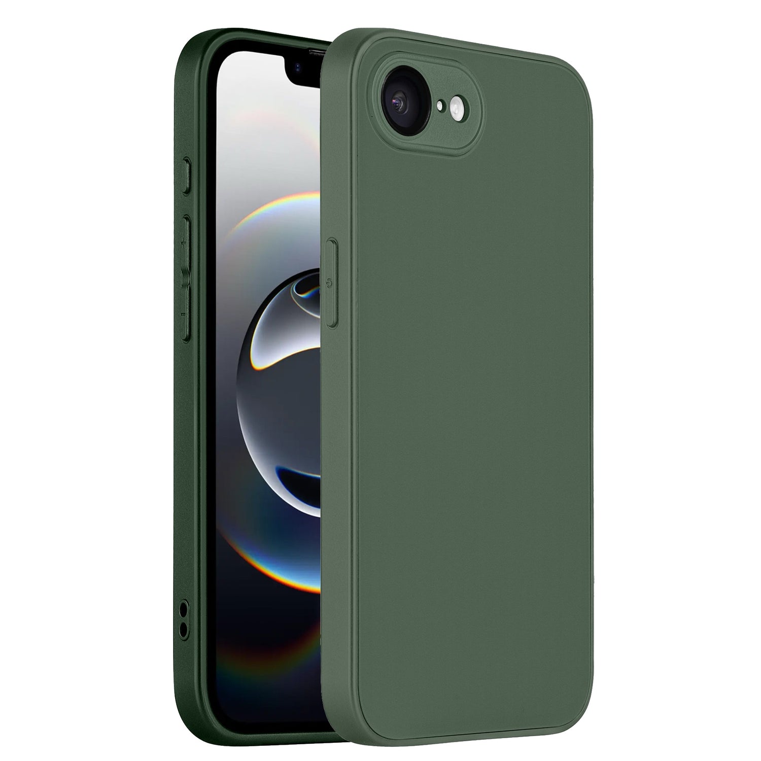 Ein arktis iPhone 16e Tech Case in Grün aus stoßdämpfendem TPU-Silikon ist auf einem Telefon mit einer Kameraaussparung oben links abgebildet. Das Display zeigt ein kreisförmiges abstraktes Design auf schwarzem Hintergrund.