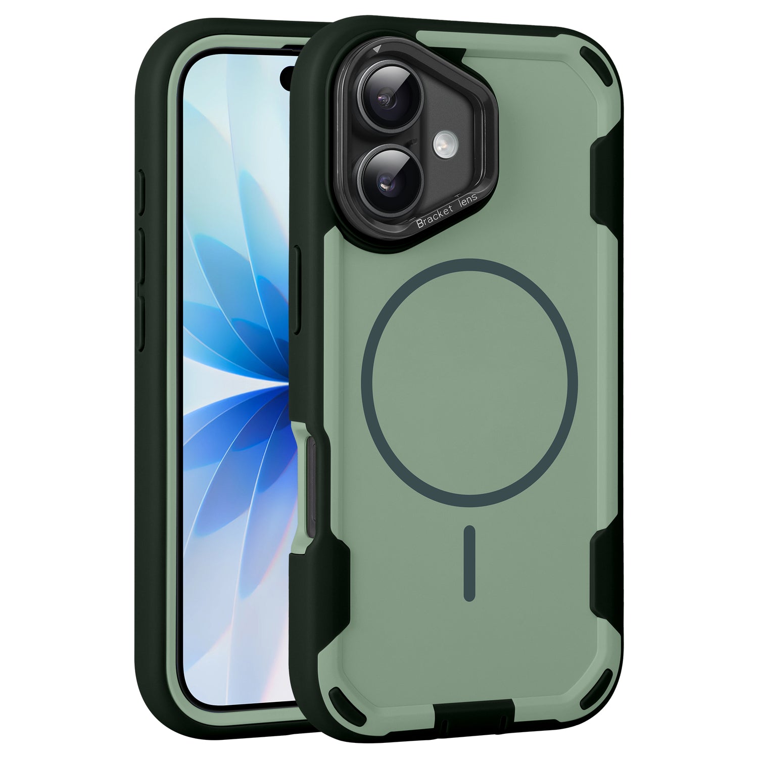 Das arktis iPhone 17 Sentinel Case in Grün und Schwarz bietet 360° Schutz für Ihr Handy, hier mit einem blauen Blumenhintergrund auf dem Display.