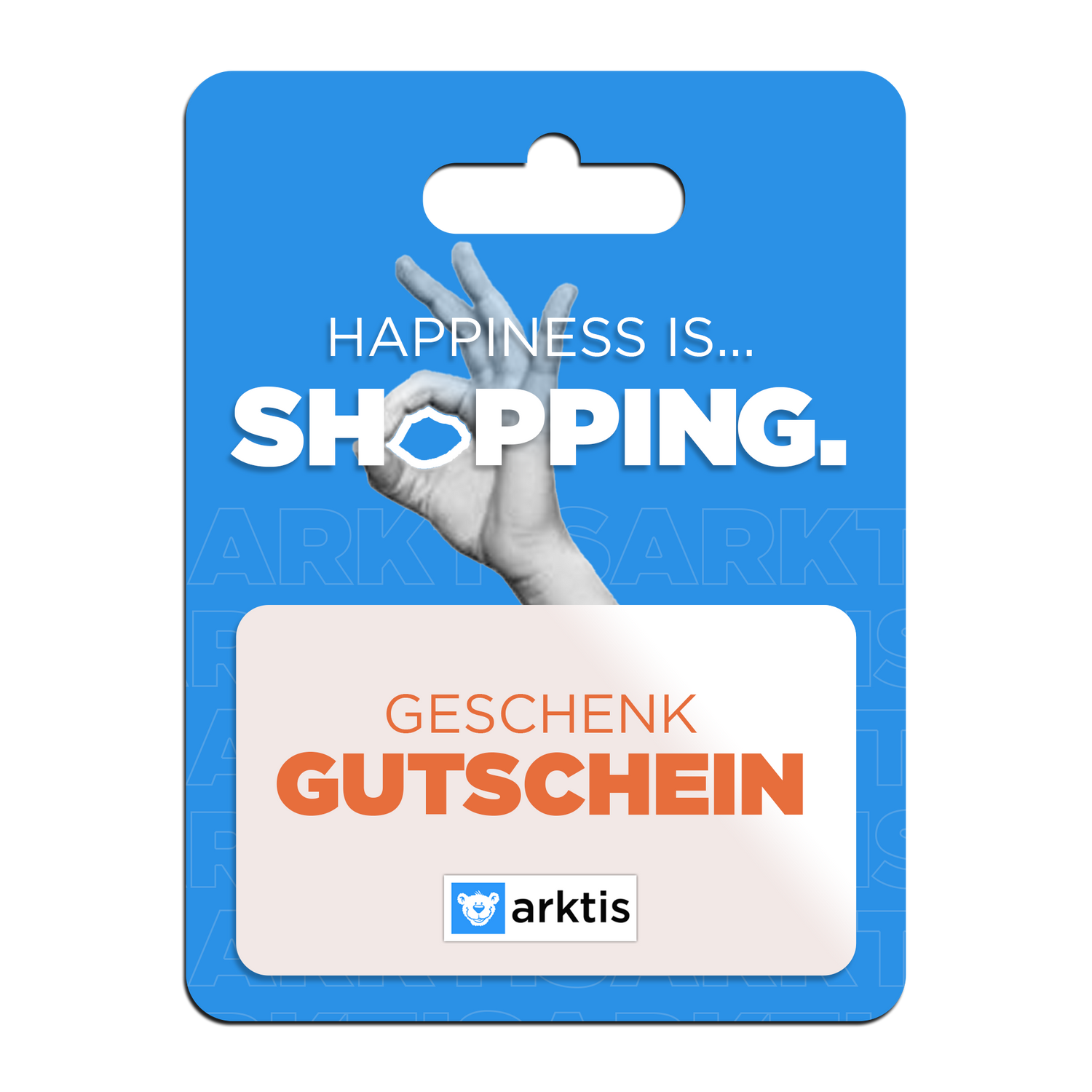 Ein blauer arktis.de Geschenkgutschein mit "Happiness is... Shopping" und "Geschenk Gutschein" in fetter oranger Schrift - ideal als Last-Minute Geschenk von arktis.de.