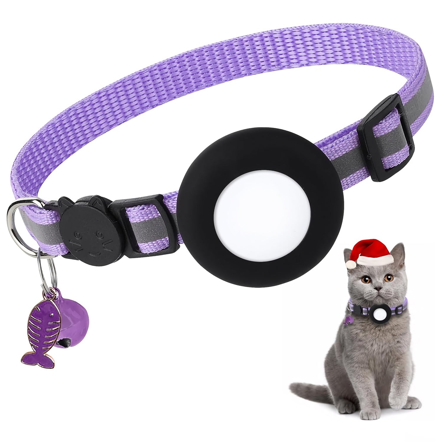 Das arktis Katzenhalsband für AirTags besteht aus einem runden schwarz-weißen Etikett, einer Glocke, einem Fischanhänger sowie einer festlichen Katze mit Halsband und Weihnachtsmannmütze – und vereint Stil, Komfort und einfaches Tracking von Haustieren mit AirTags.