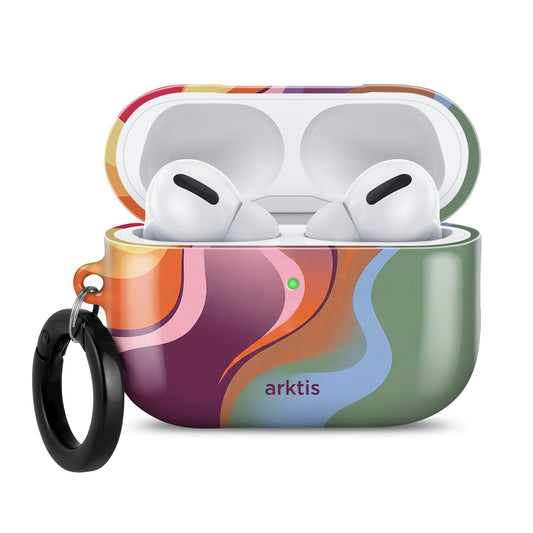 Die arktis AirPods Pro 3 Hülle – Happy Life besticht durch ein farbenfrohes Wellenmuster, einen schwarzen Schlüsselring und den Schriftzug „arktis“ auf der Vorderseite und unterstützt das kabellose Laden.