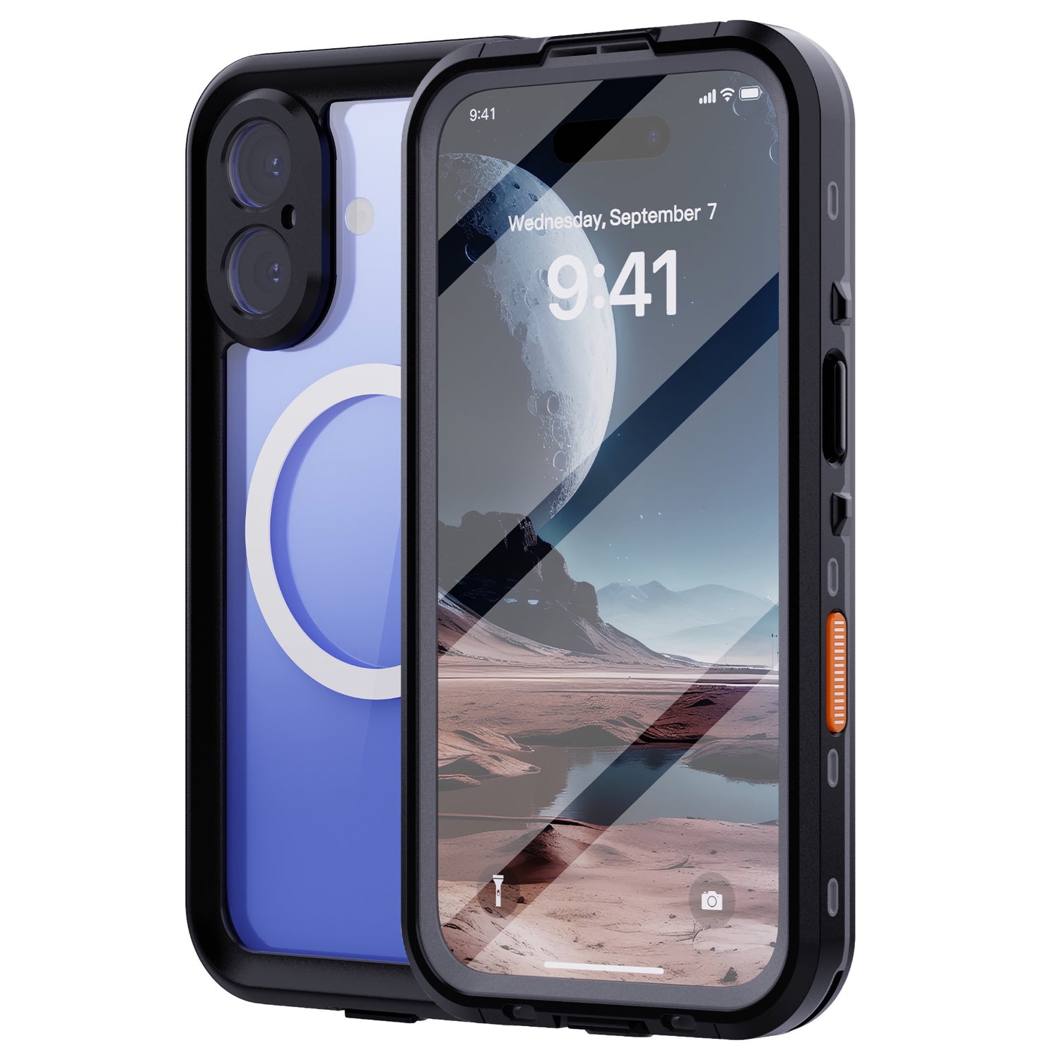 Das arktis iPhone 16 Wasserdichtes Actioncase von arktis ist ein robustes, stoßfestes schwarzes Case mit MagSafe-Ring, hier abgebildet auf einem Smartphone mit einer mondbeschienenen Landschaft.