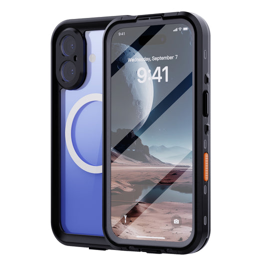 Das arktis iPhone 16 Plus Wasserdichtes Actioncase von arktis ist eine blaue, stoßfeste, staubdichte und wasserdichte Hülle für Ihr Smartphone, abgebildet mit einer Wüstenlandschaft auf dem Display.