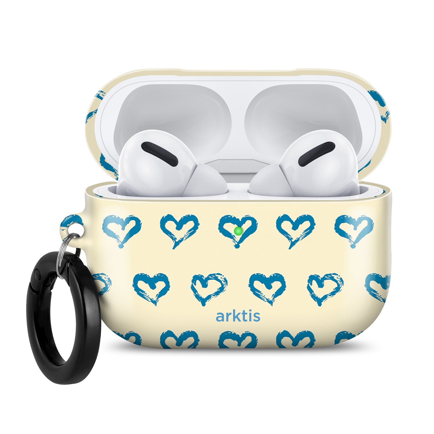 Schützen Sie Ihre AirPods Pro 3 mit der arktis AirPods Pro 3 Hülle – Blue Hearts. Diese cremefarbene Hülle ist mit blauen Herzmotiven verziert, verfügt über einen schwarzen Schlüsselring und unterstützt das kabellose Laden. Stilvoller Schutz von arktis.
