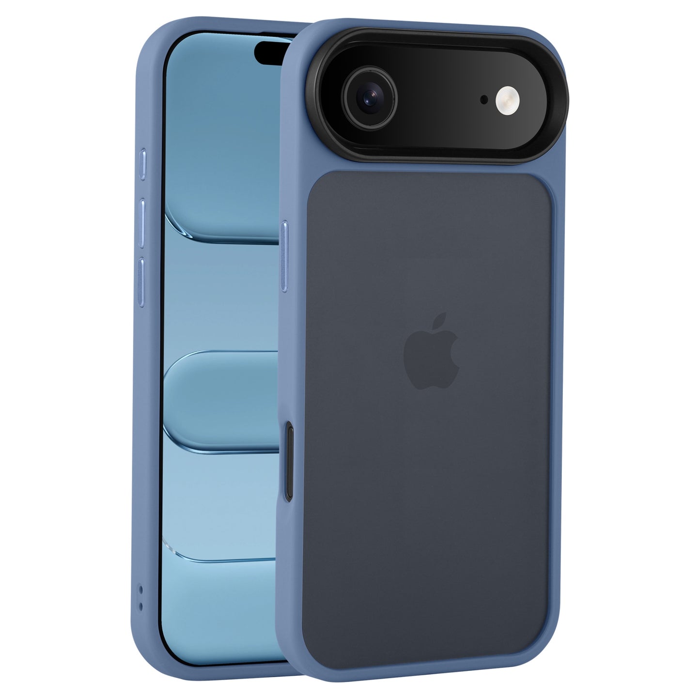 Das Arktis iPhone Air Solid Case von Arktis, abgebildet auf einem blauen iPhone mit auffälliger schwarzer Kamerabeule und Apple-Logo, vereint stoßdämpfendes TPU-Silikon und mattes Polycarbonat zu einem stilvollen, langlebigen Schutz.