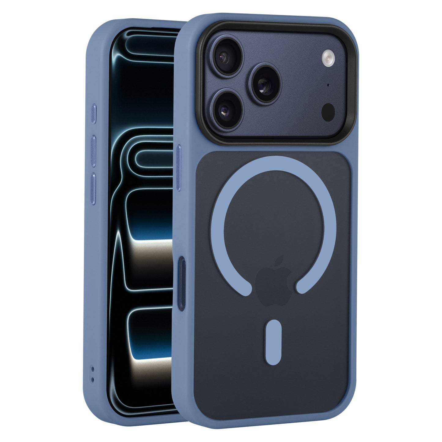 Das Arktis iPhone 17 Pro Solid Case mit MagSafe von Arktis ist ein blaues und schwarzes, mattes Gehäuse mit einem runden Design auf der Rückseite, kompatibel mit MagSafe.