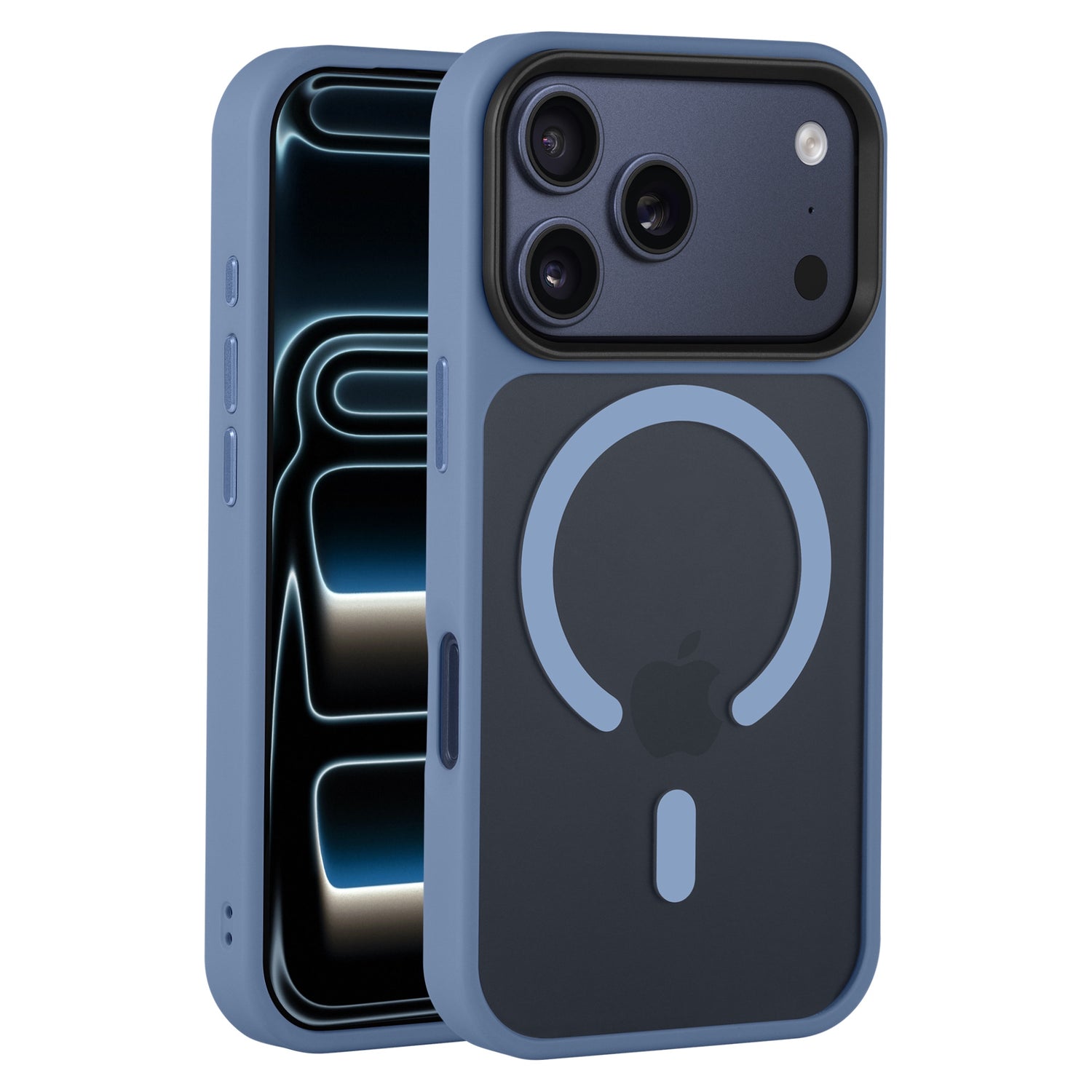 Das Arktis iPhone 17 Pro Solid Case mit MagSafe von Arktis ist ein blaues und schwarzes, mattes Gehäuse mit einem runden Design auf der Rückseite, kompatibel mit MagSafe.
