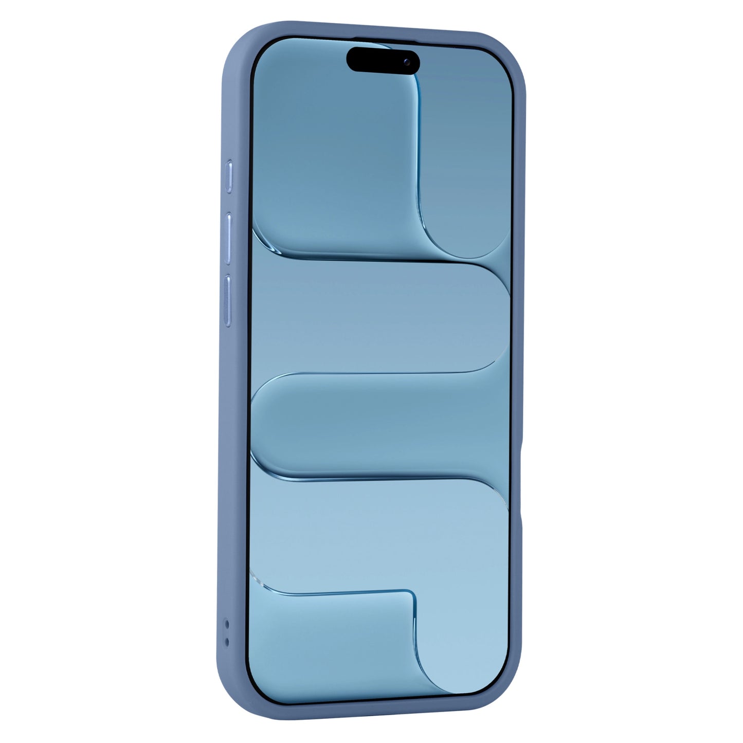 Ein blaues Smartphone mit einem stilisierten, abstrakten blauen Muster auf dem Bildschirm, von der Seite betrachtet, zeigt das Arktis iPhone Air Solid Case mit MagSafe von Arktis.