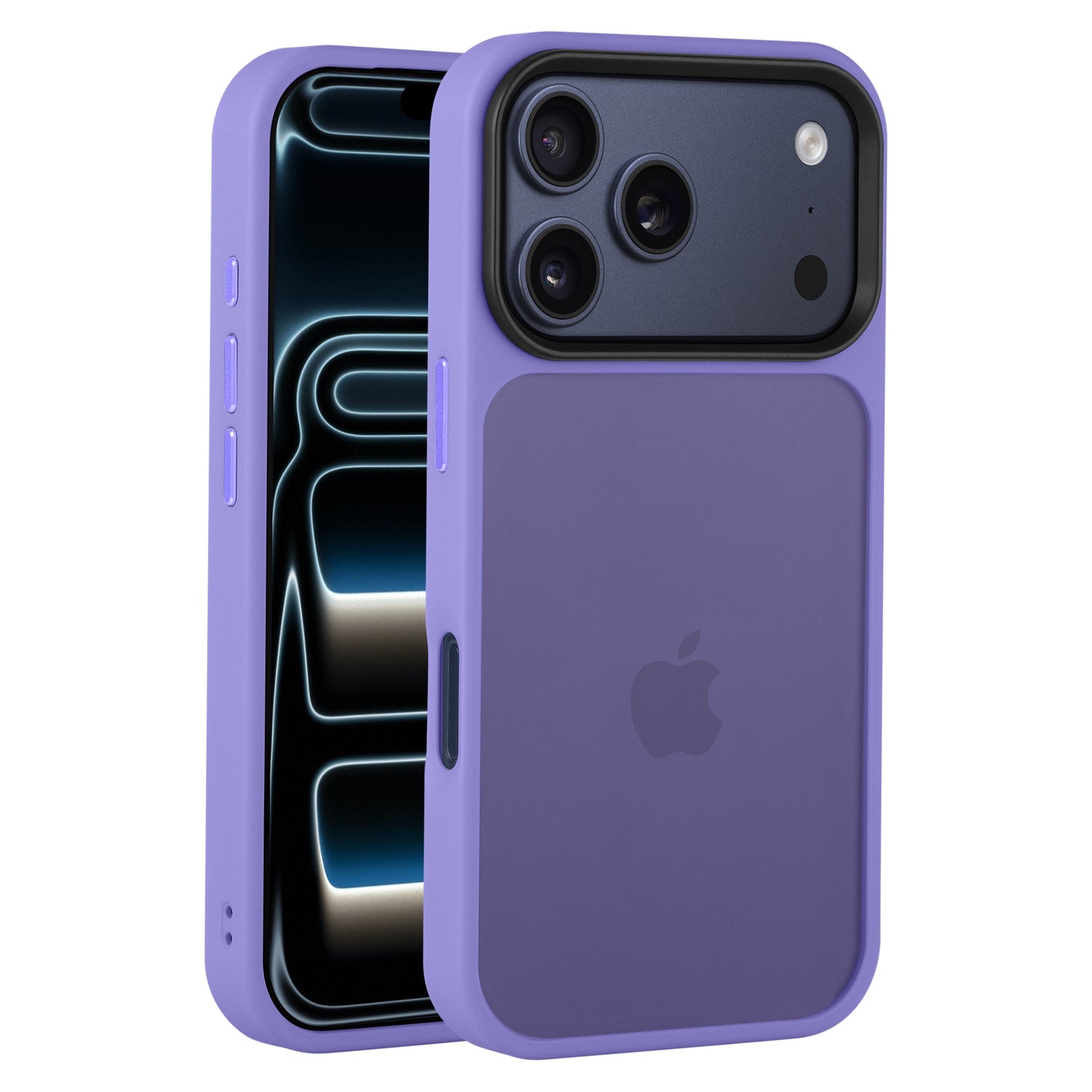Zwei lila iPhones mit passenden Arktis arktis iPhone 17 Pro Solid Cases-eines zeigt den Bildschirm, das andere die Rückseite und Kameras.