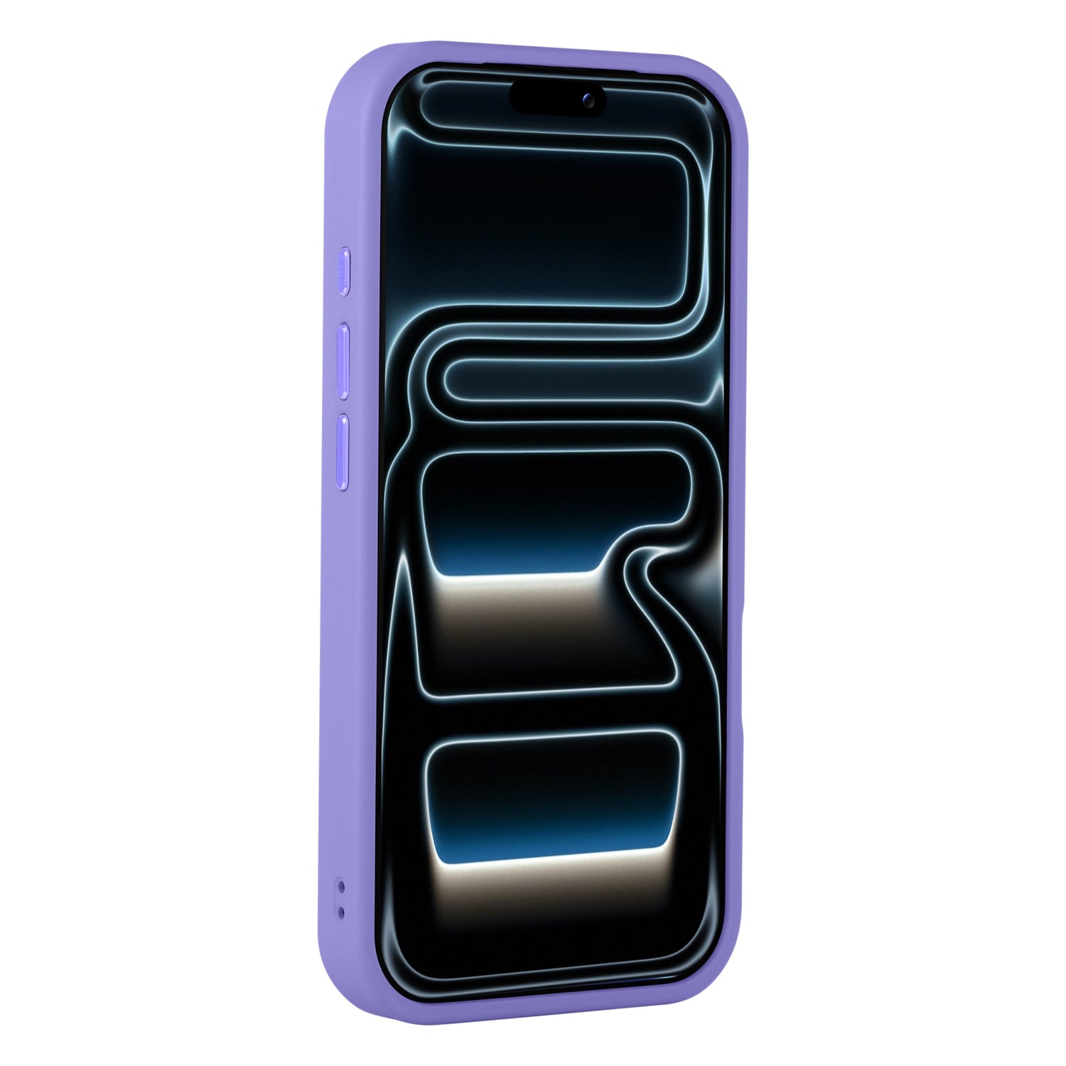 Ein arktis iPhone 17 Pro Solid Case von Arktis in mattem Lila, abgebildet auf einem Smartphone mit einem abstrakten, leuchtenden Muster auf dem Bildschirm, schräg betrachtet.