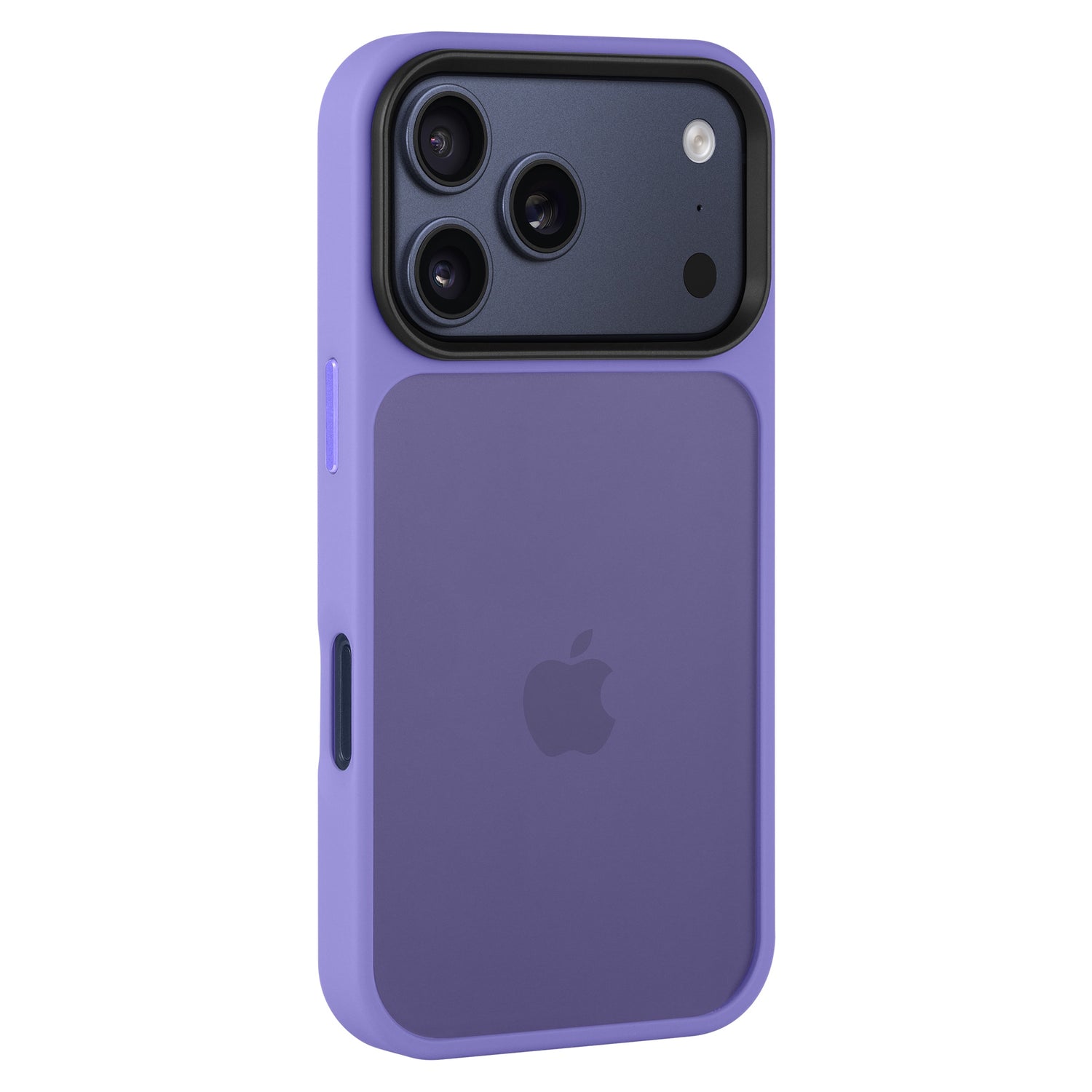 Lila iPhone mit dem Arktis iPhone 17 Pro Solid Case von Arktis, mit mattem Finish und Apple-Logo, von hinten gesehen.