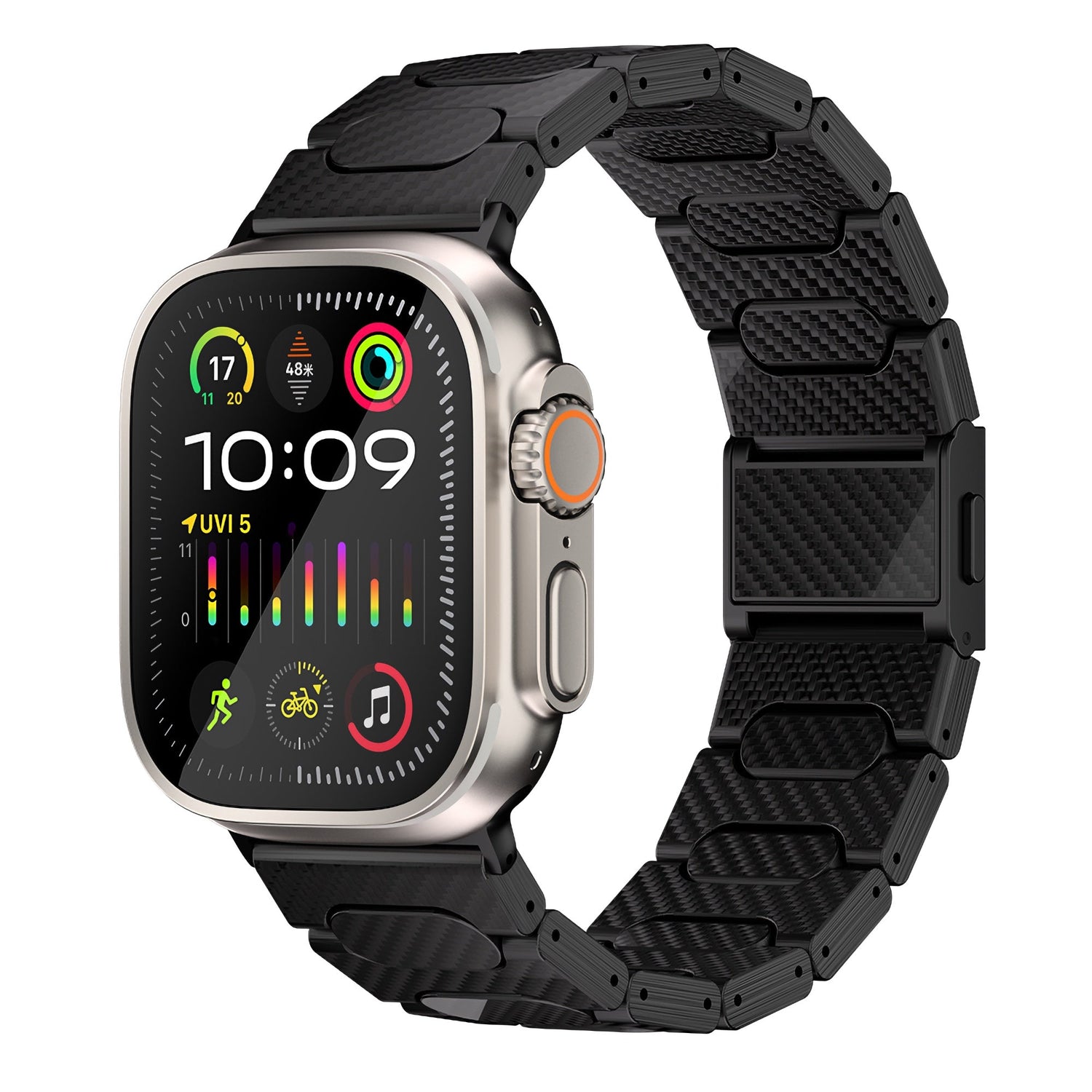 Das Arktisband Apple Watch Ultra HURRICANE Karbon-Armband verfügt über eine schwarze Karbonfaser-Textur und einen magnetischen Schnappverschluss und zeigt Fitness- und Aktivitätsdaten auf seinem farbenfrohen Display an.