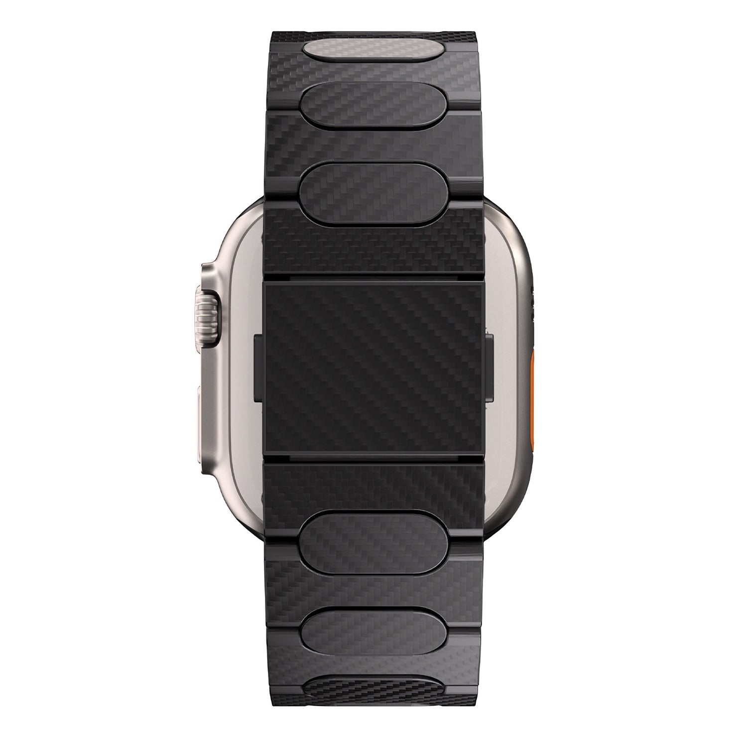 Das arktisband Apple Watch Ultra HURRICANE Karbon-Armband verfügt über ein Band im Carbonfaser-Stil und einen magnetischen Schnappverschluss, von hinten auf weißem Hintergrund abgebildet.