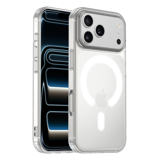 Die arktis iPhone 17 Pro Max PureCase mit MagSafe ist eine transparente Hülle von arktis, die das silberne iPhone 17 Pro Max mit Triple-Kamera stilvoll vorne und hinten schützt und MagSafe-kompatibel ist.