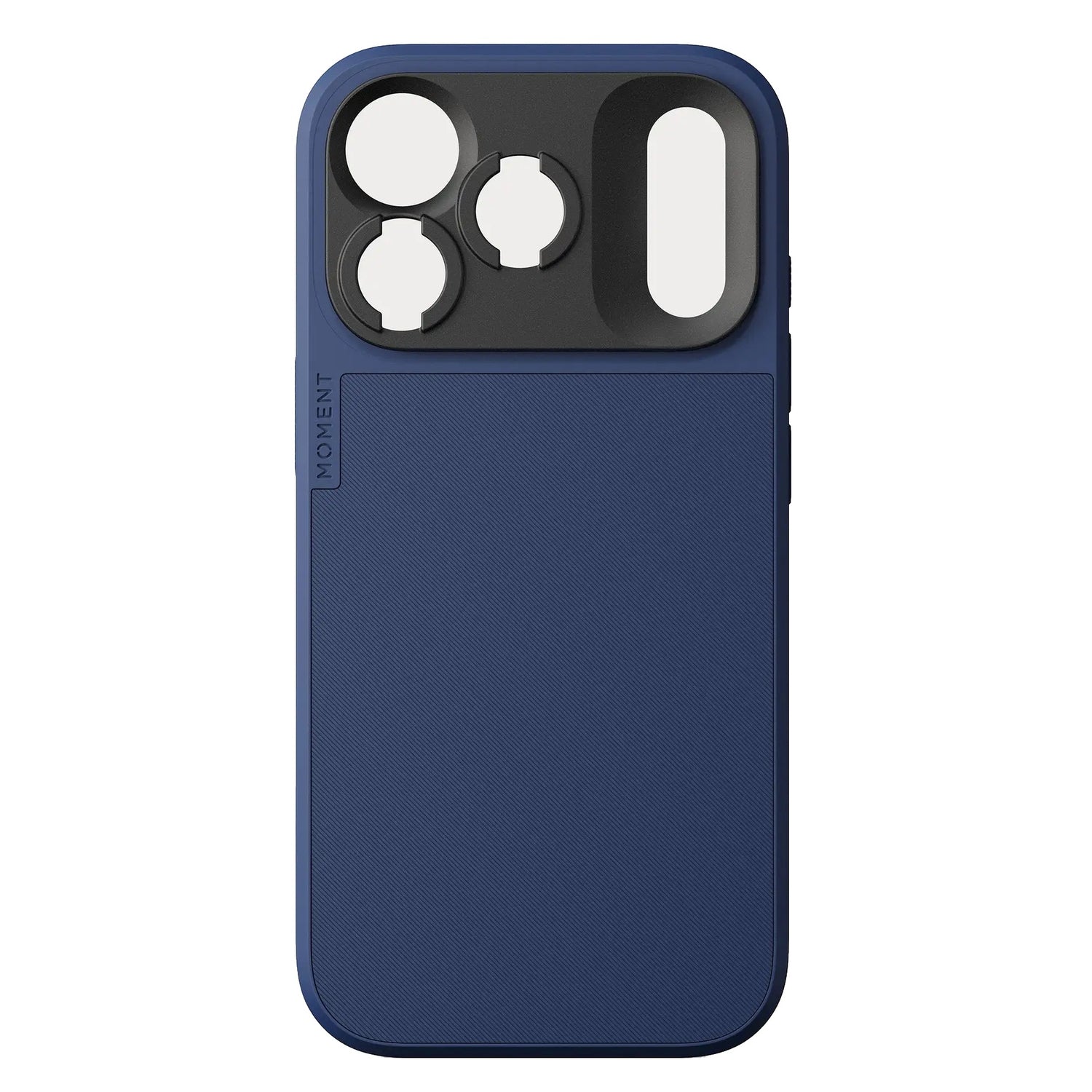 Die MOMENT iPhone 17 Pro Max Kameratasche MagSafe zeichnet sich durch ein schlankes, dunkelblaues Design mit einem schwarzen Objektivanschluss für fortschrittliche Fotografie und volle MagSafe-Kompatibilität aus.