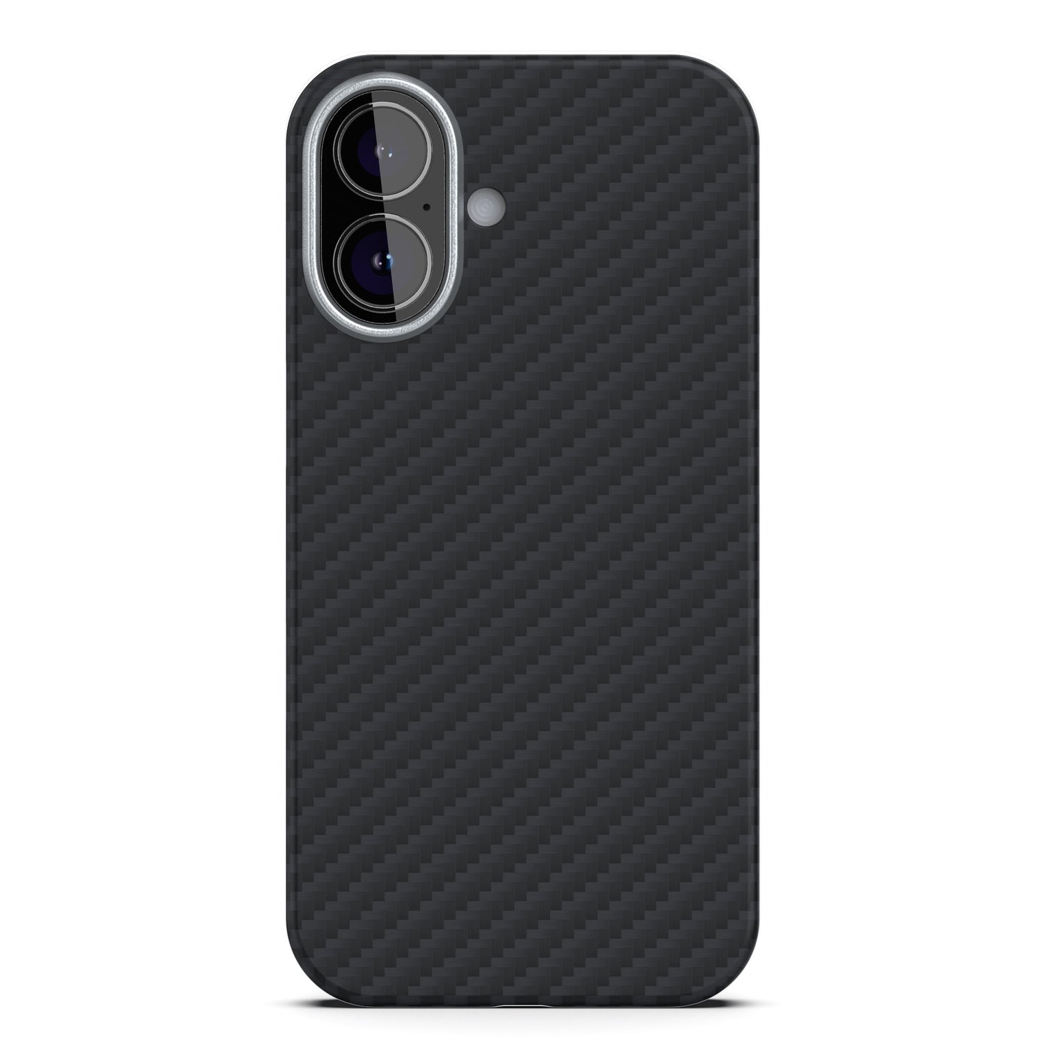 Das arktis iPhone 17 Carbon Case von arktis bietet MagSafe Kompatibilität, zwei Kamera- und Blitzausschnitte, hier in schwarzem Karbon-Aramid auf weißem Hintergrund.