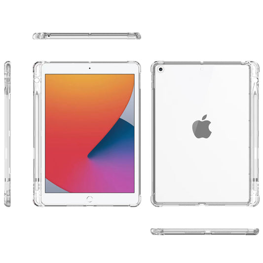 Das transparente ArktisPRO iPad 10,2" TPU Pencil Case wird aus verschiedenen Winkeln gezeigt und hebt den Schutz von Vorder- und Rückseite hervor. Sein stoßabsorbierendes Design schützt Ihr Gerät und sorgt gleichzeitig für ein stilvolles, schlankes Aussehen.
